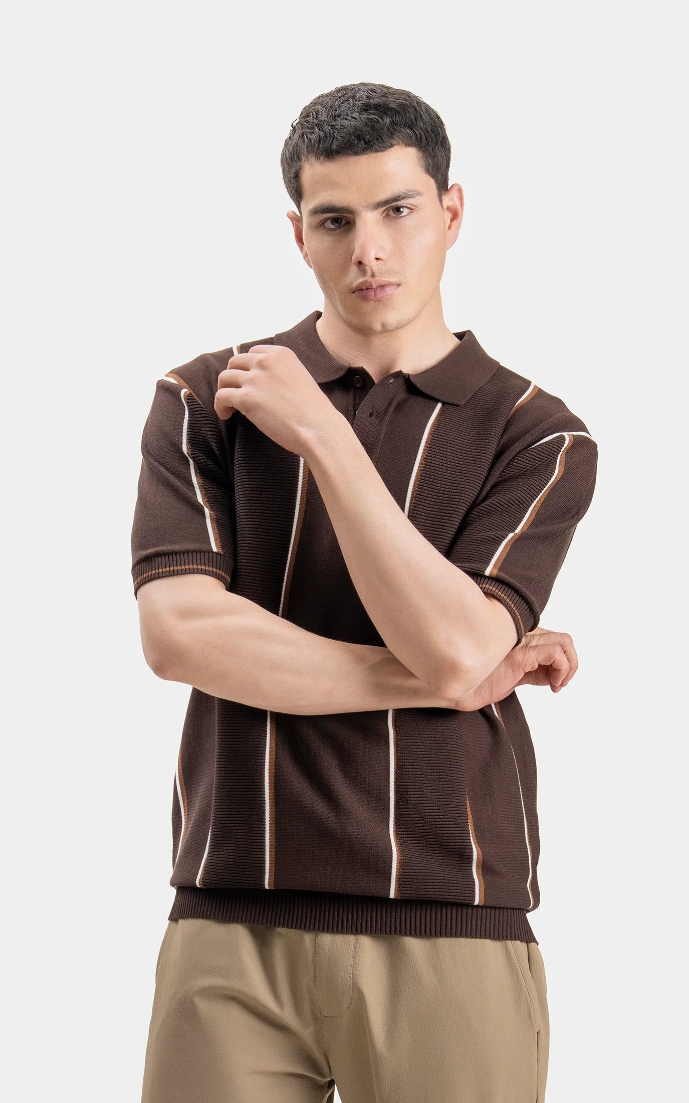 SWEATER KNIT VERTICAL STRIPED POLO SHIRT BROWN - Image 5