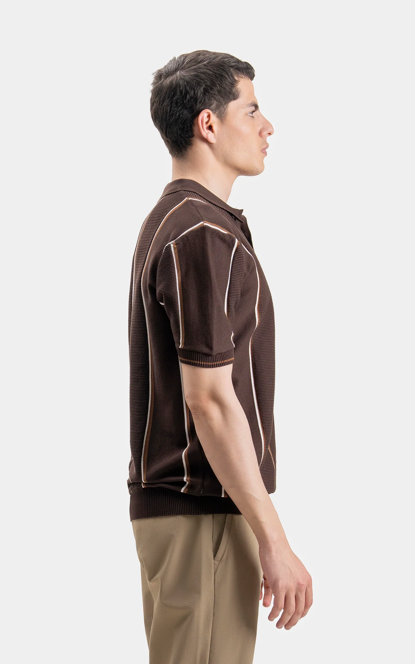 SWEATER KNIT VERTICAL STRIPED POLO SHIRT BROWN - Image 7