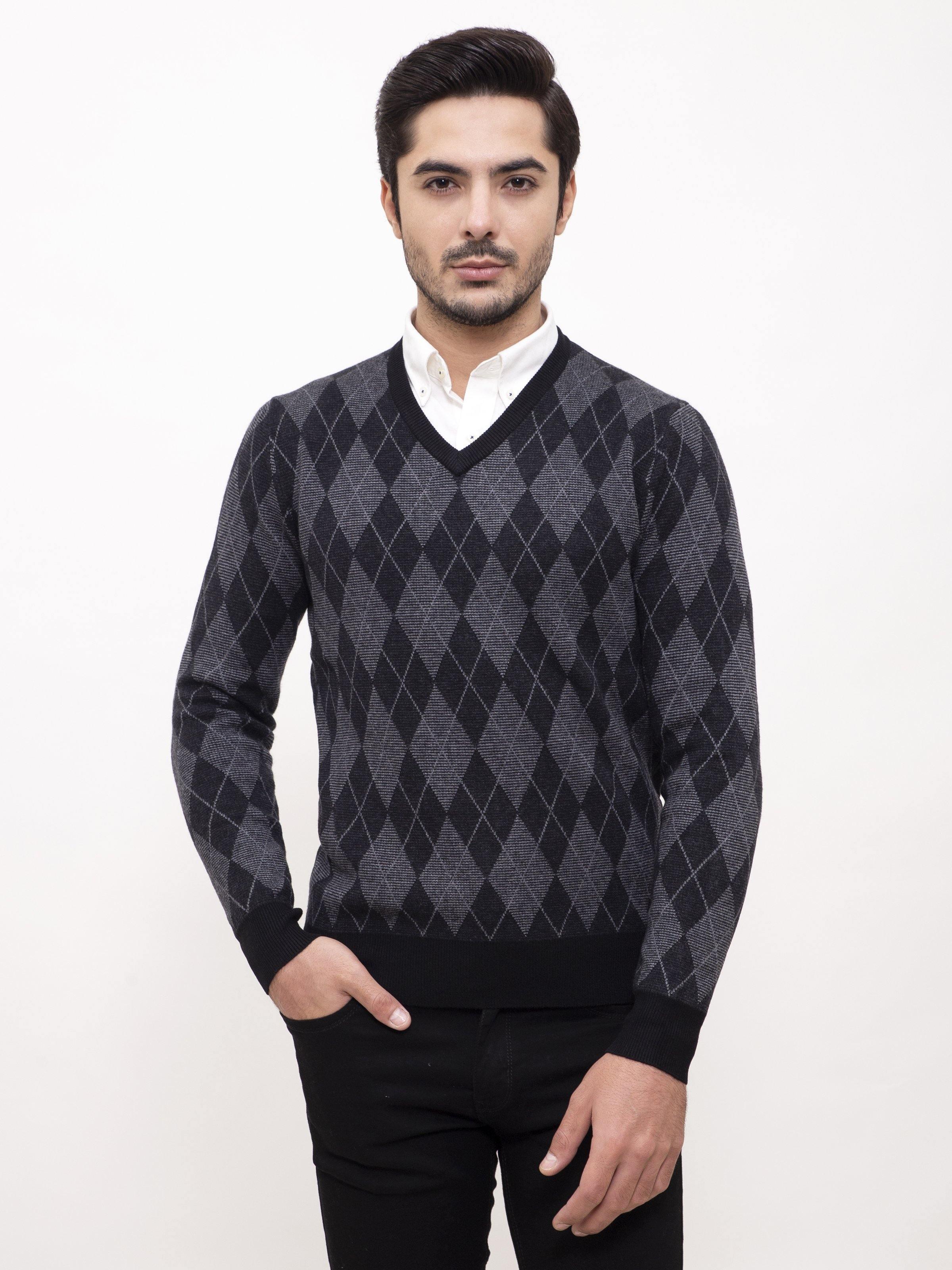 SWEATER V NECK FULL SLEEVE BLACK GREY
