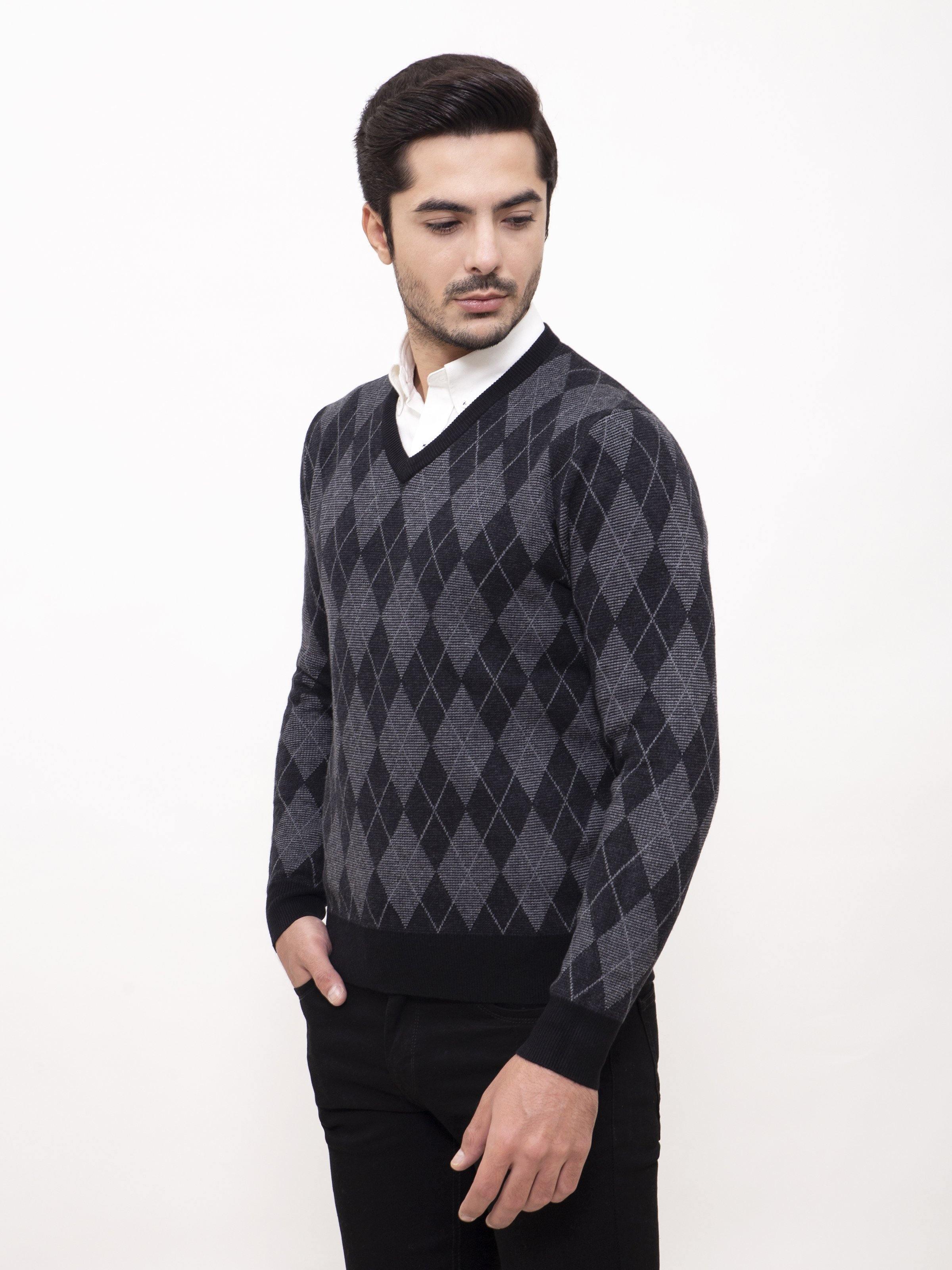SWEATER V NECK FULL SLEEVE BLACK GREY - Image 2