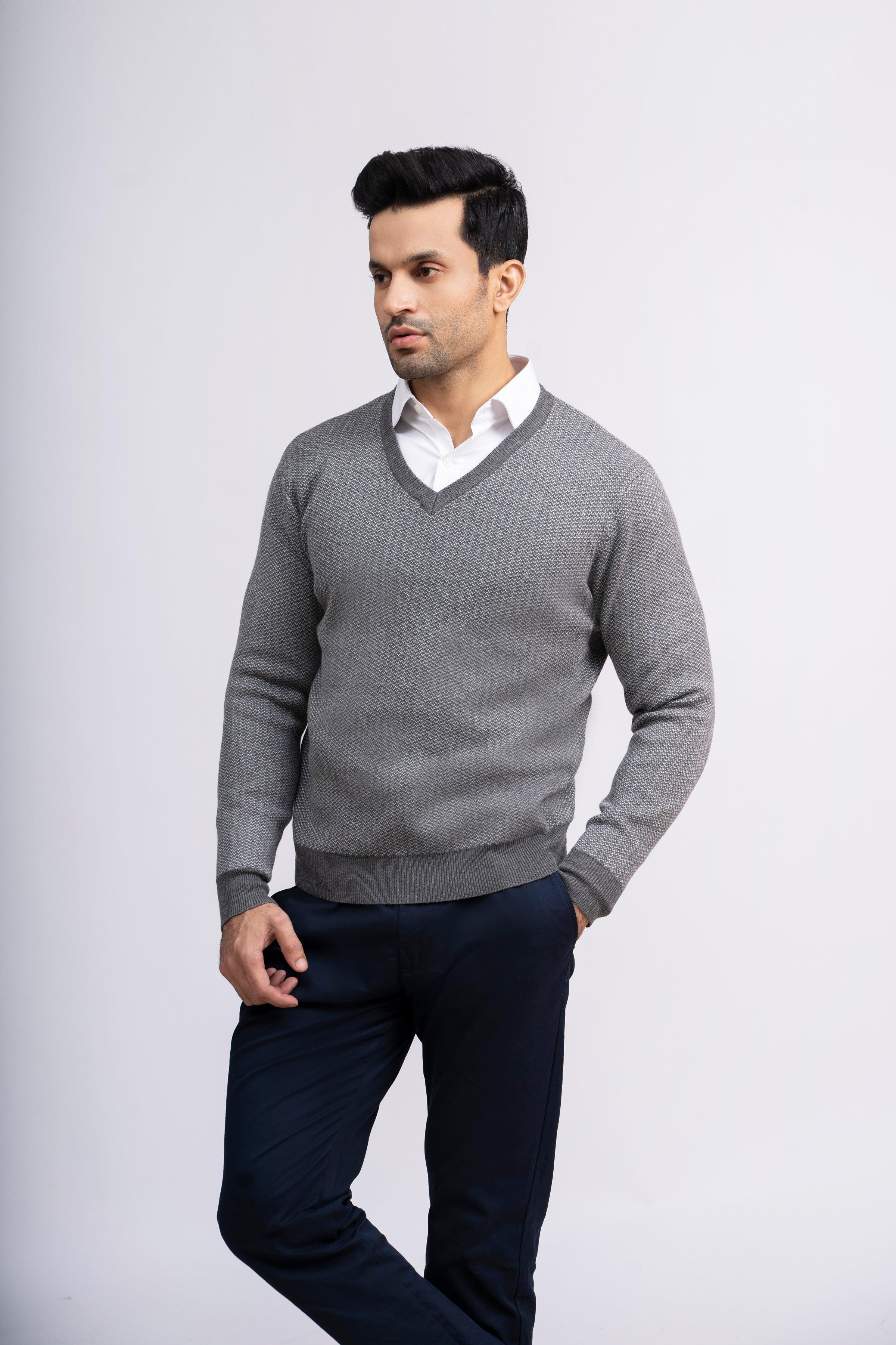 SWEATER V NECK SELF TEXTURED GREY