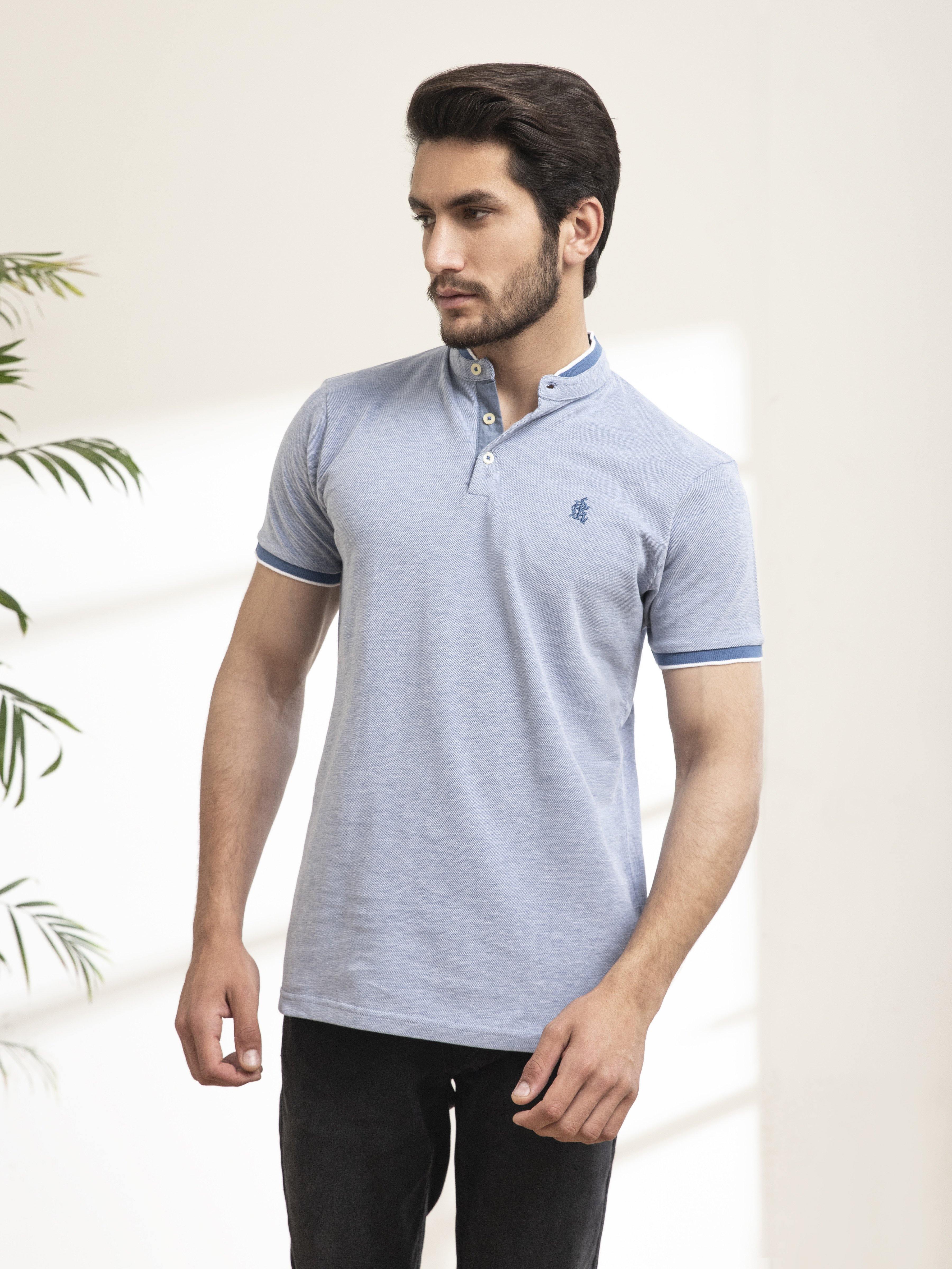 T SHIRT BAN COLLAR BIRD EYE WITH EMBROIDERY SKY BLUE