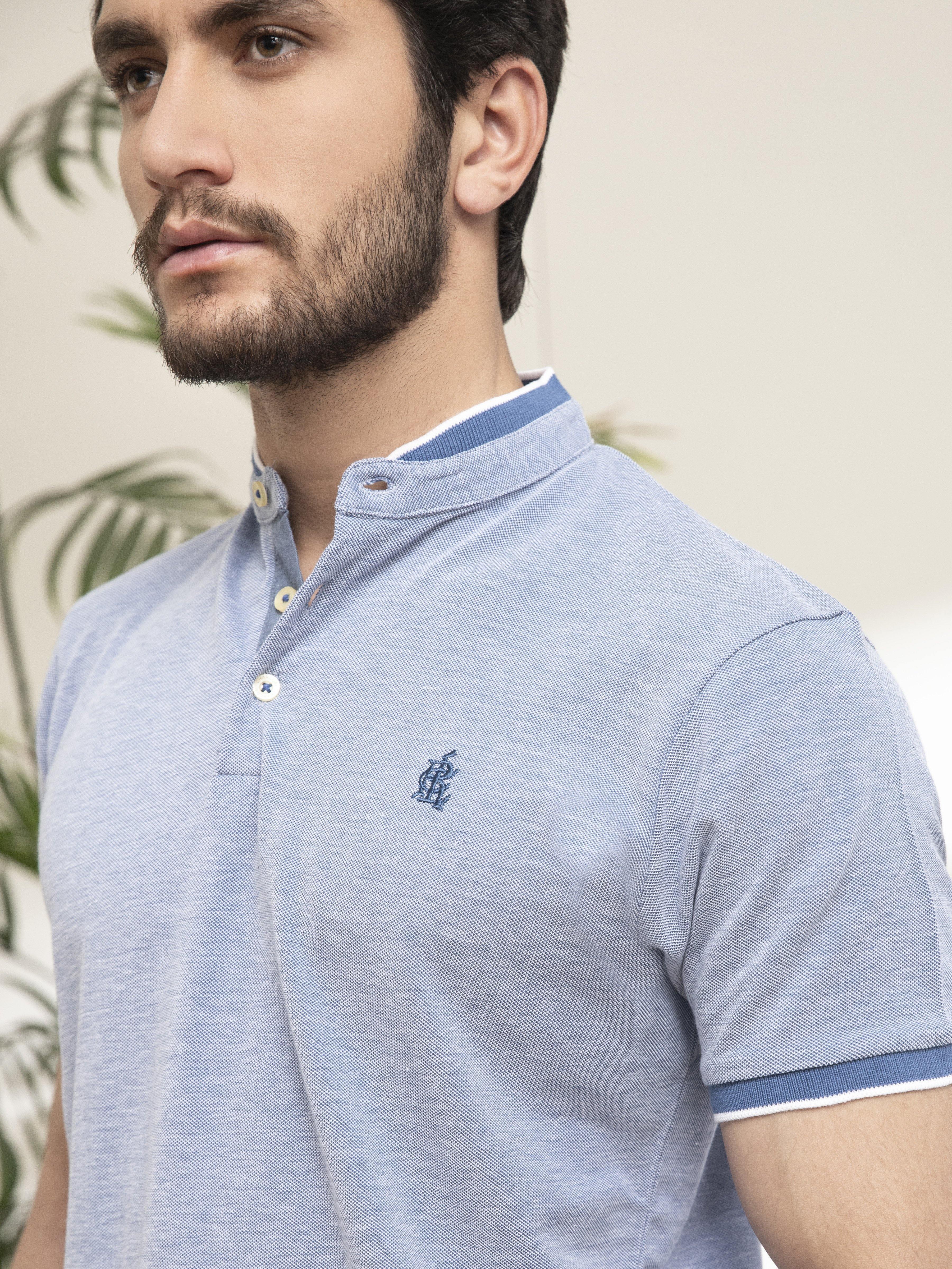 T SHIRT BAN COLLAR BIRD EYE WITH EMBROIDERY SKY BLUE - Image 2