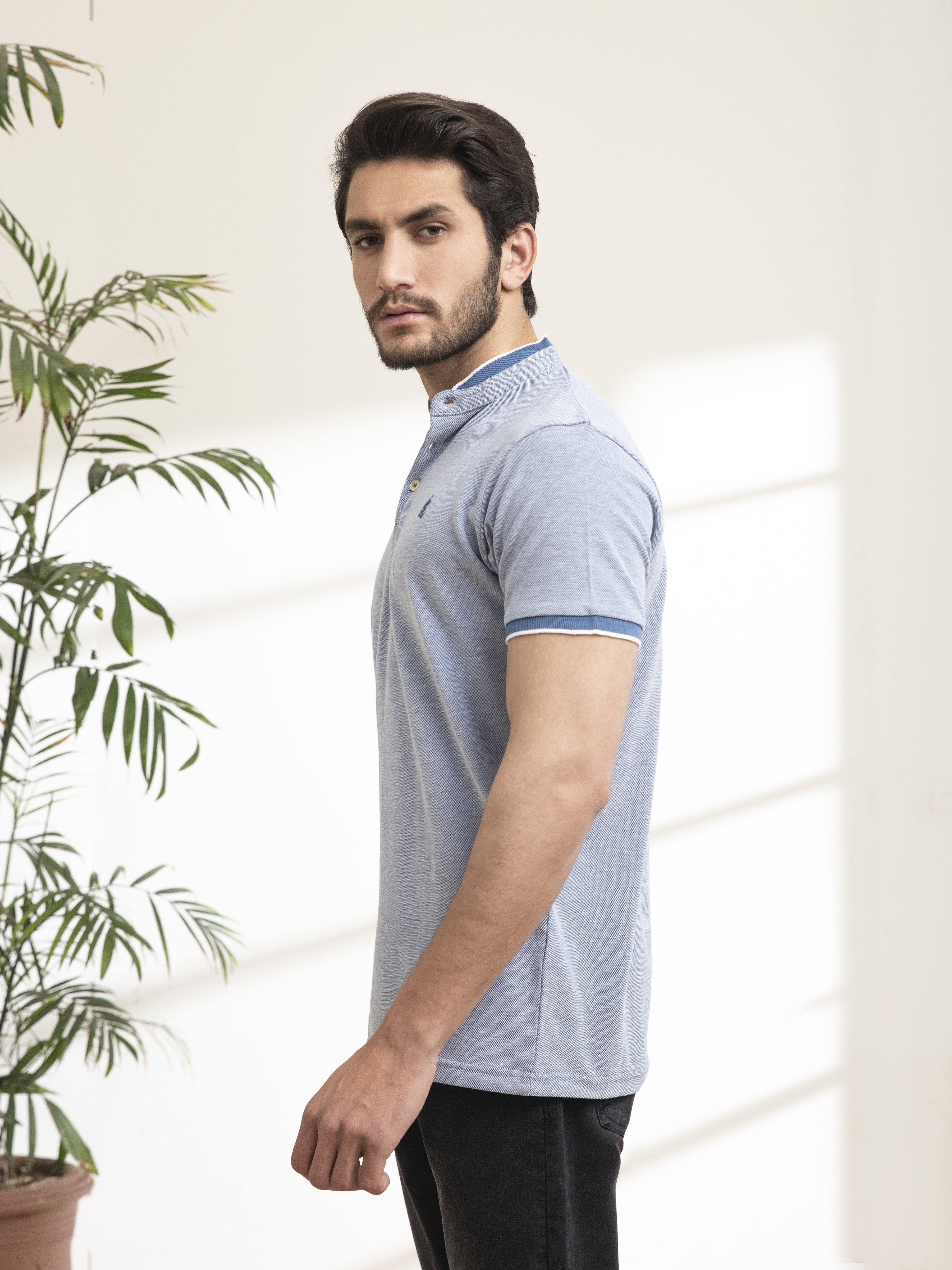 T SHIRT BAN COLLAR BIRD EYE WITH EMBROIDERY SKY BLUE - Image 3