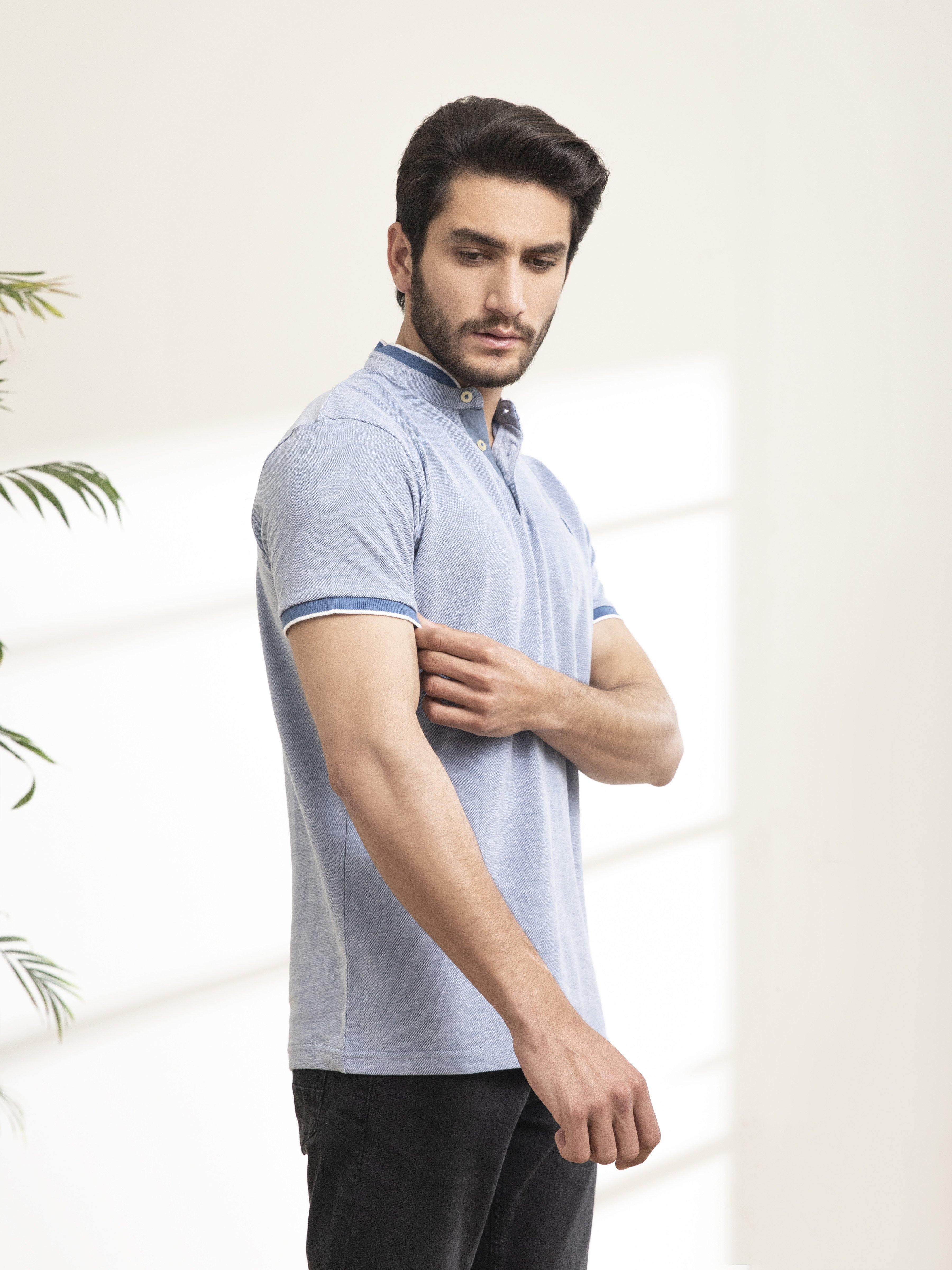 T SHIRT BAN COLLAR BIRD EYE WITH EMBROIDERY SKY BLUE - Image 4