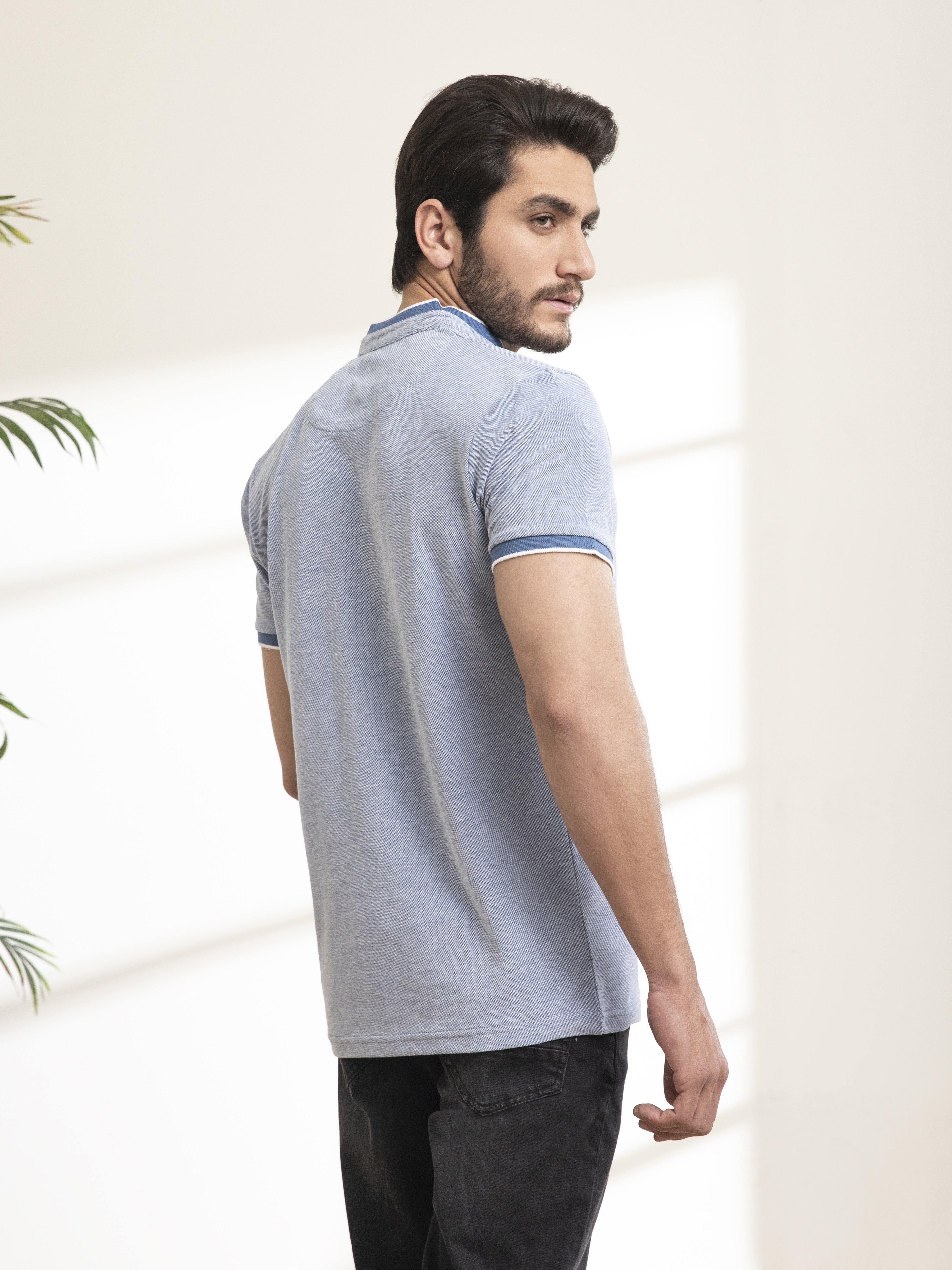 T SHIRT BAN COLLAR BIRD EYE WITH EMBROIDERY SKY BLUE - Image 5