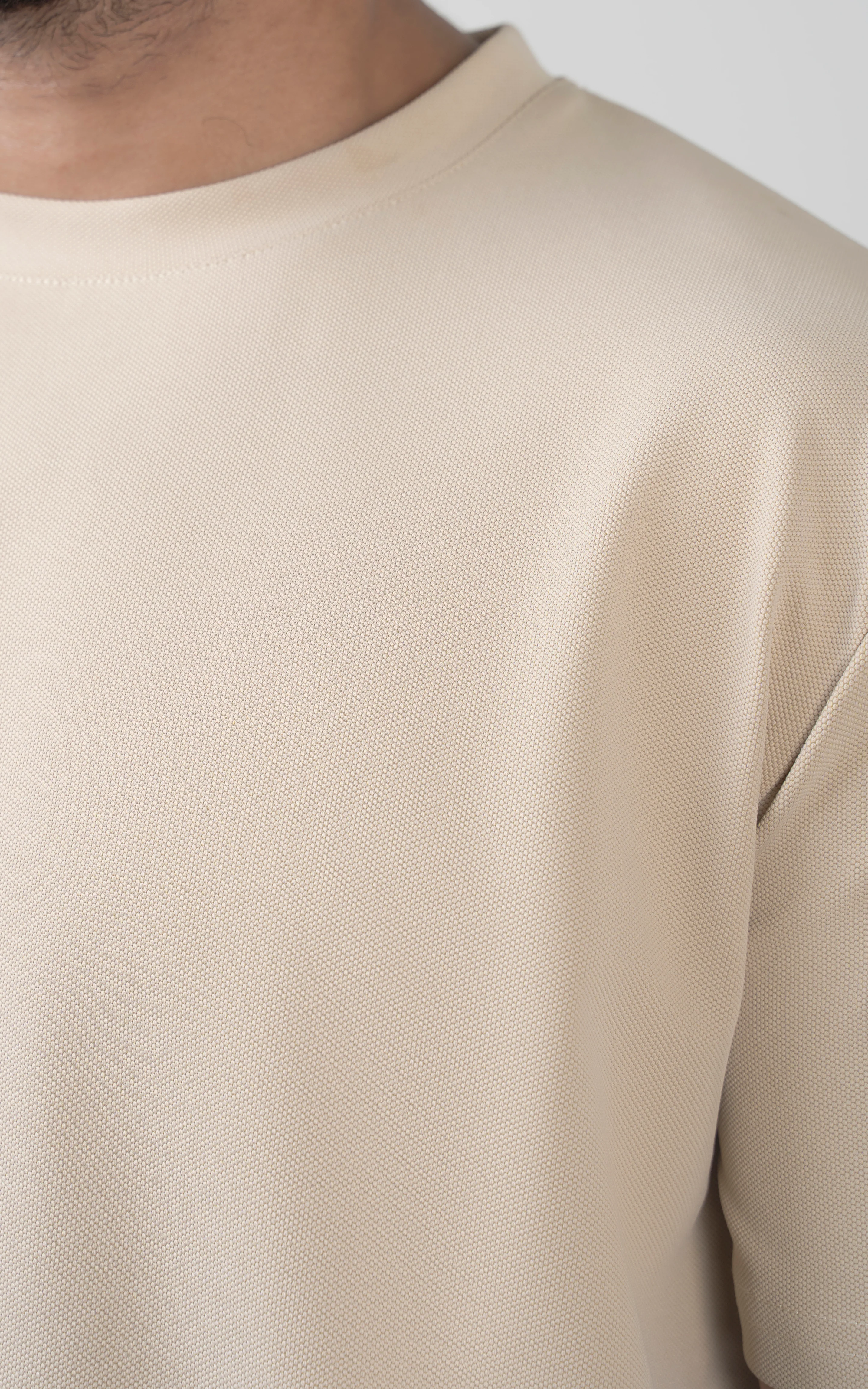 Oversize Textured Round Neck T-Shirt light khaki - Image 2