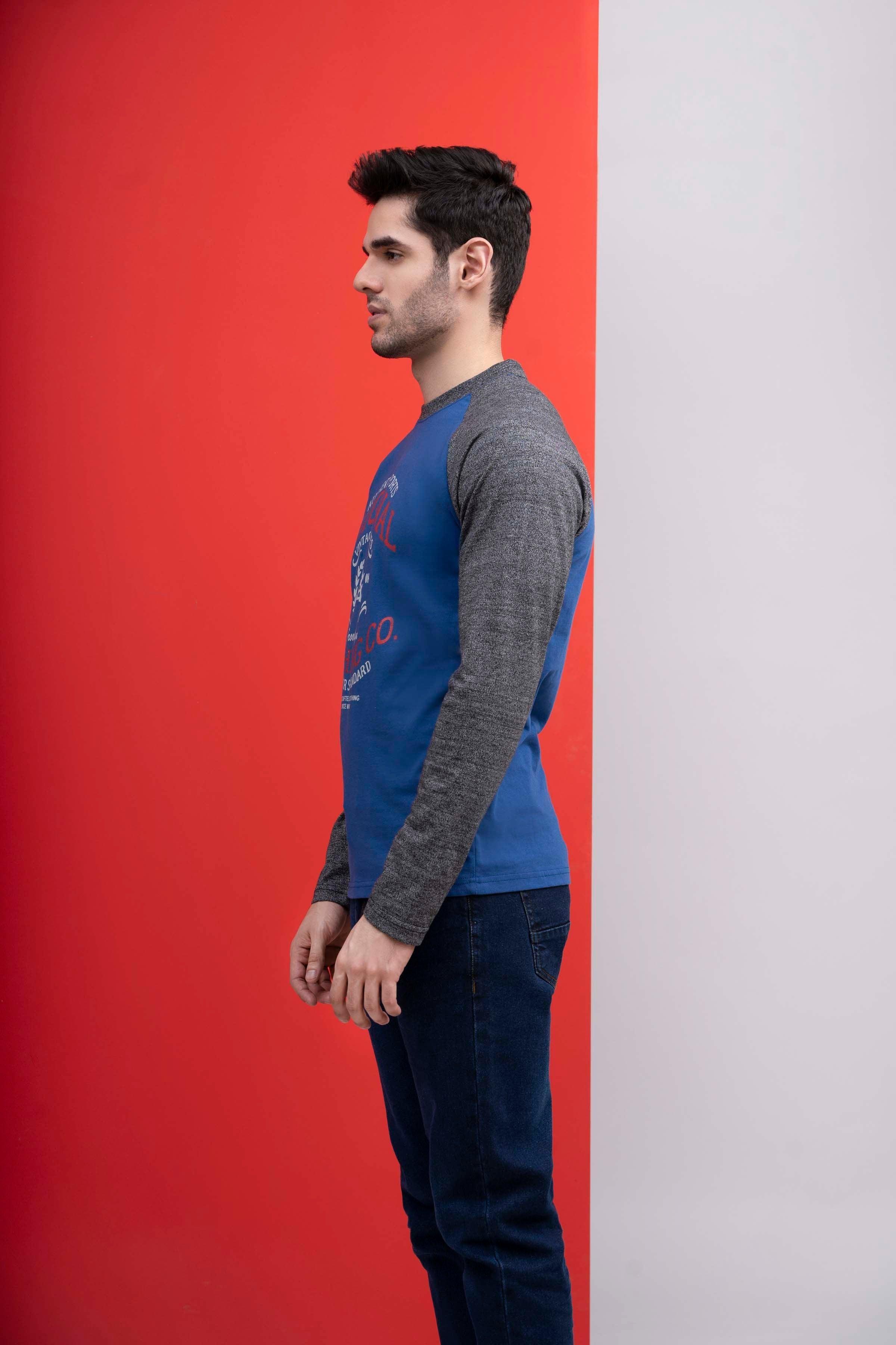T SHIRT ROUND NECK FULL SLEEVE ROYAL BLUE GREY - Image 2