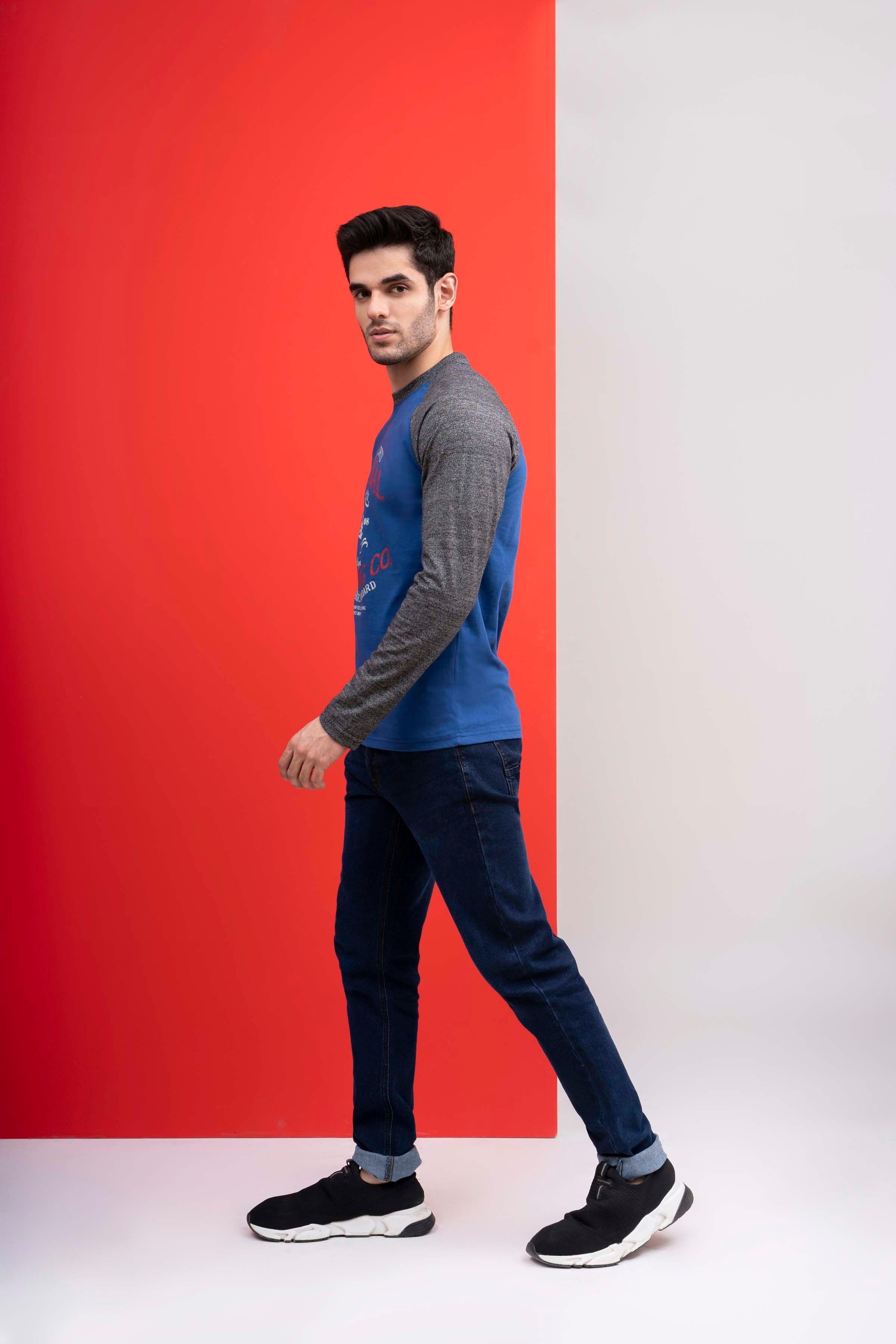 T SHIRT ROUND NECK FULL SLEEVE ROYAL BLUE GREY - Image 3
