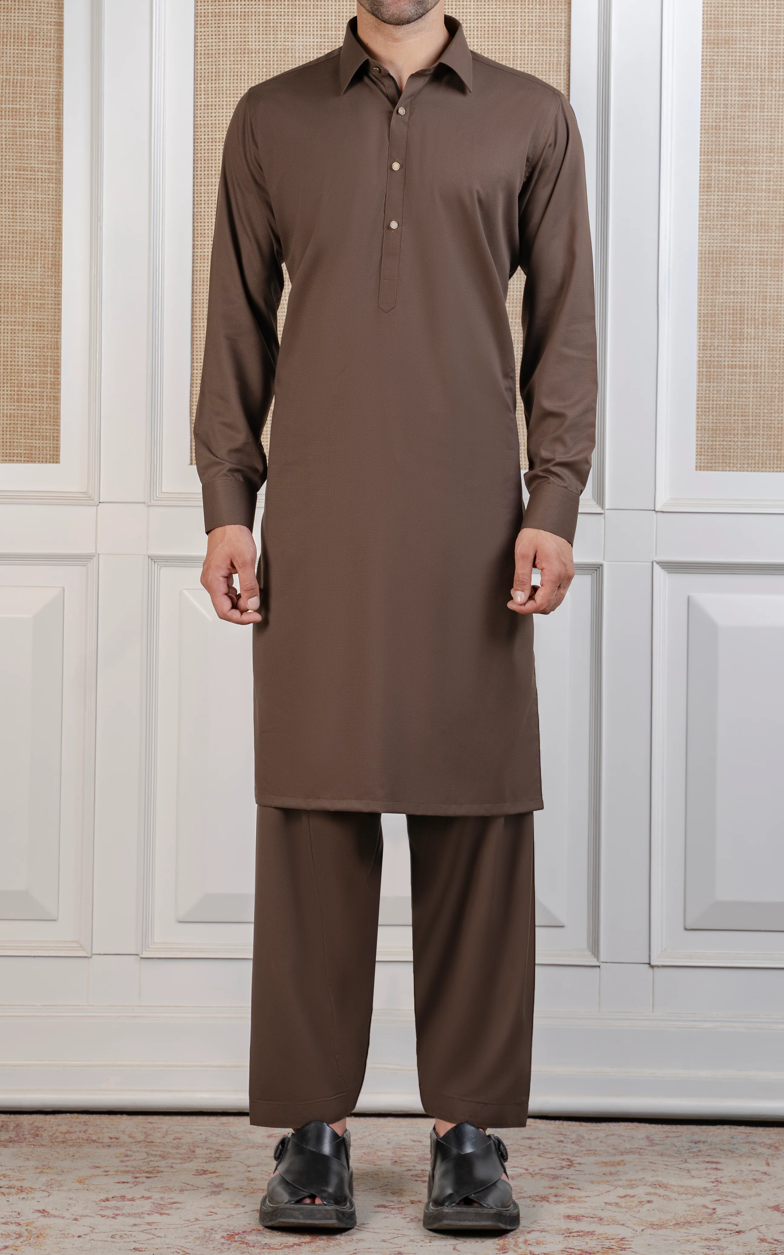 TEXTURED BLENDED KAMEEZ SHALWAR - EXECUTIVE COLLECTION MID BROWN - Image 2