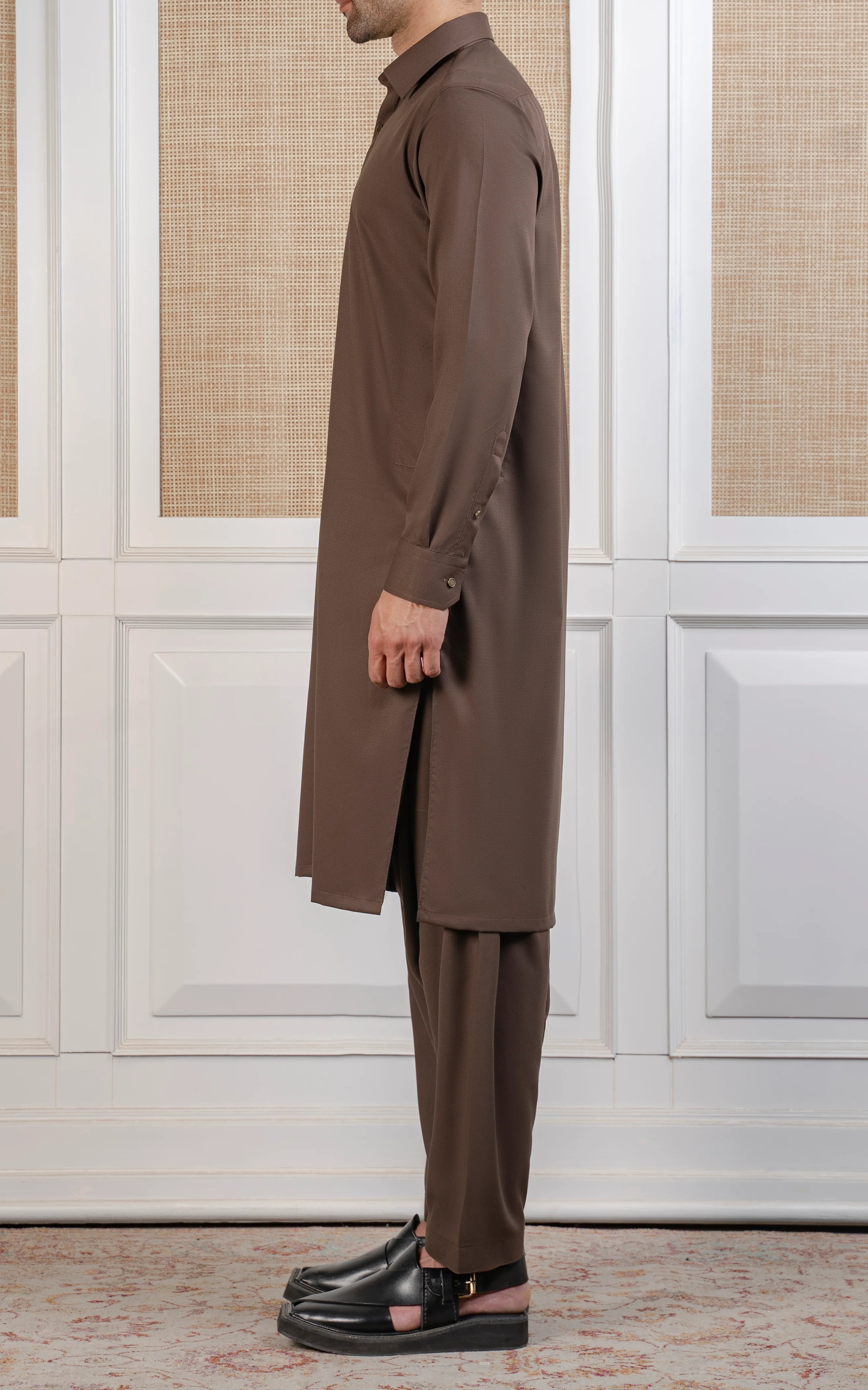 TEXTURED BLENDED KAMEEZ SHALWAR - EXECUTIVE COLLECTION MID BROWN - Image 4