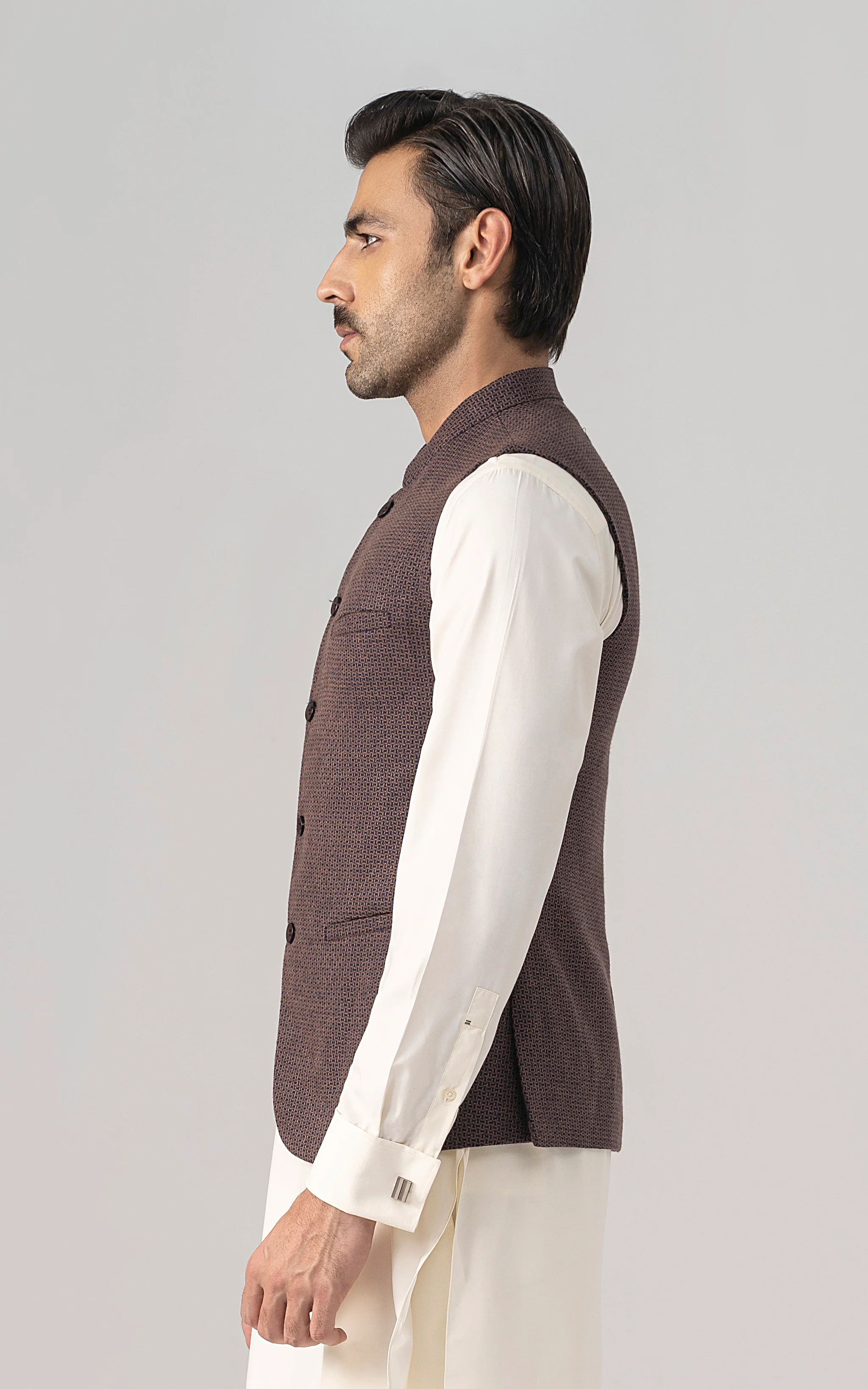 TEXTURED WOOL BLENDED WAISTCOAT - SIGNATURE COLLECTION BROWN NAVY - Image 3