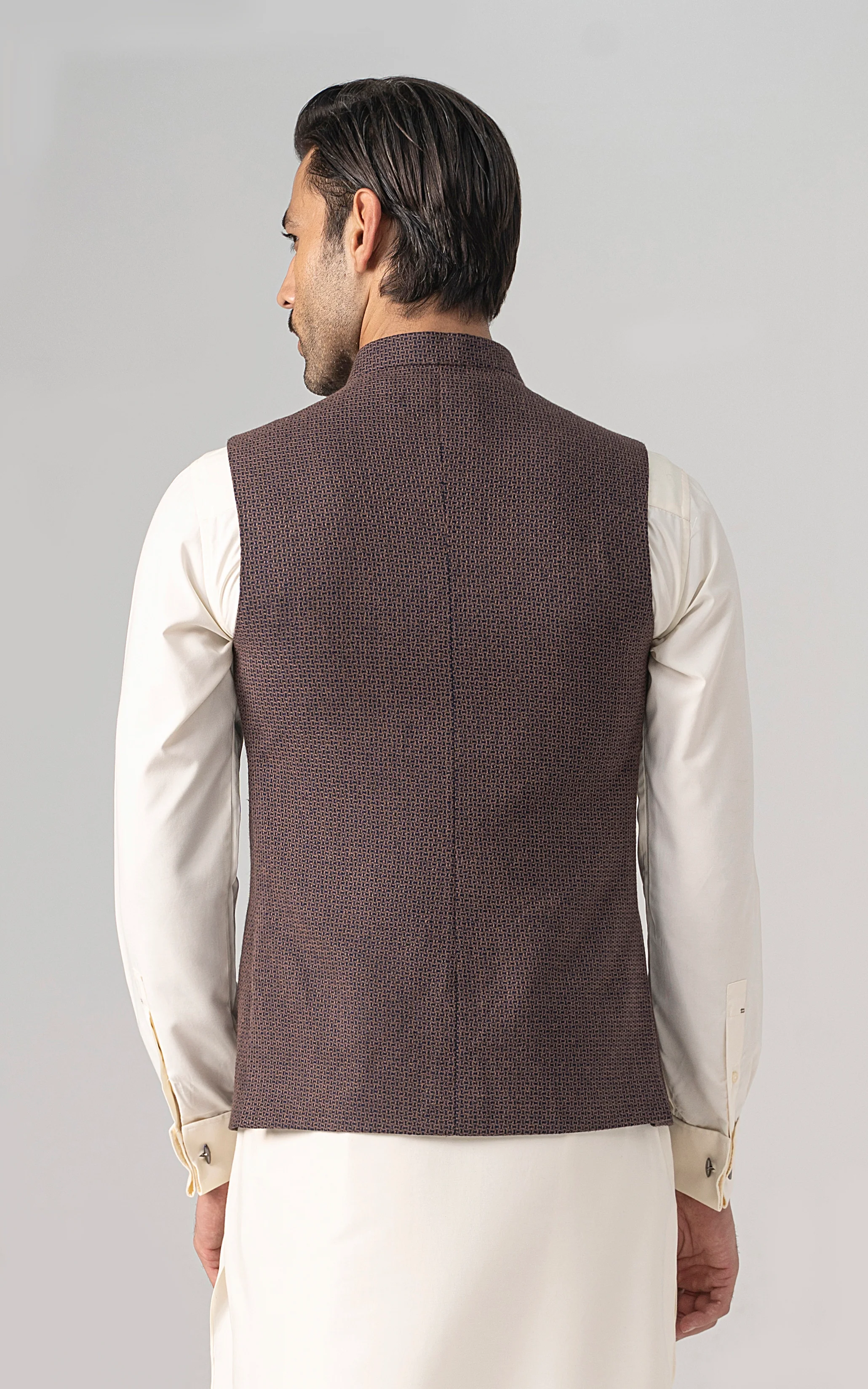 TEXTURED WOOL BLENDED WAISTCOAT - SIGNATURE COLLECTION BROWN NAVY - Image 4