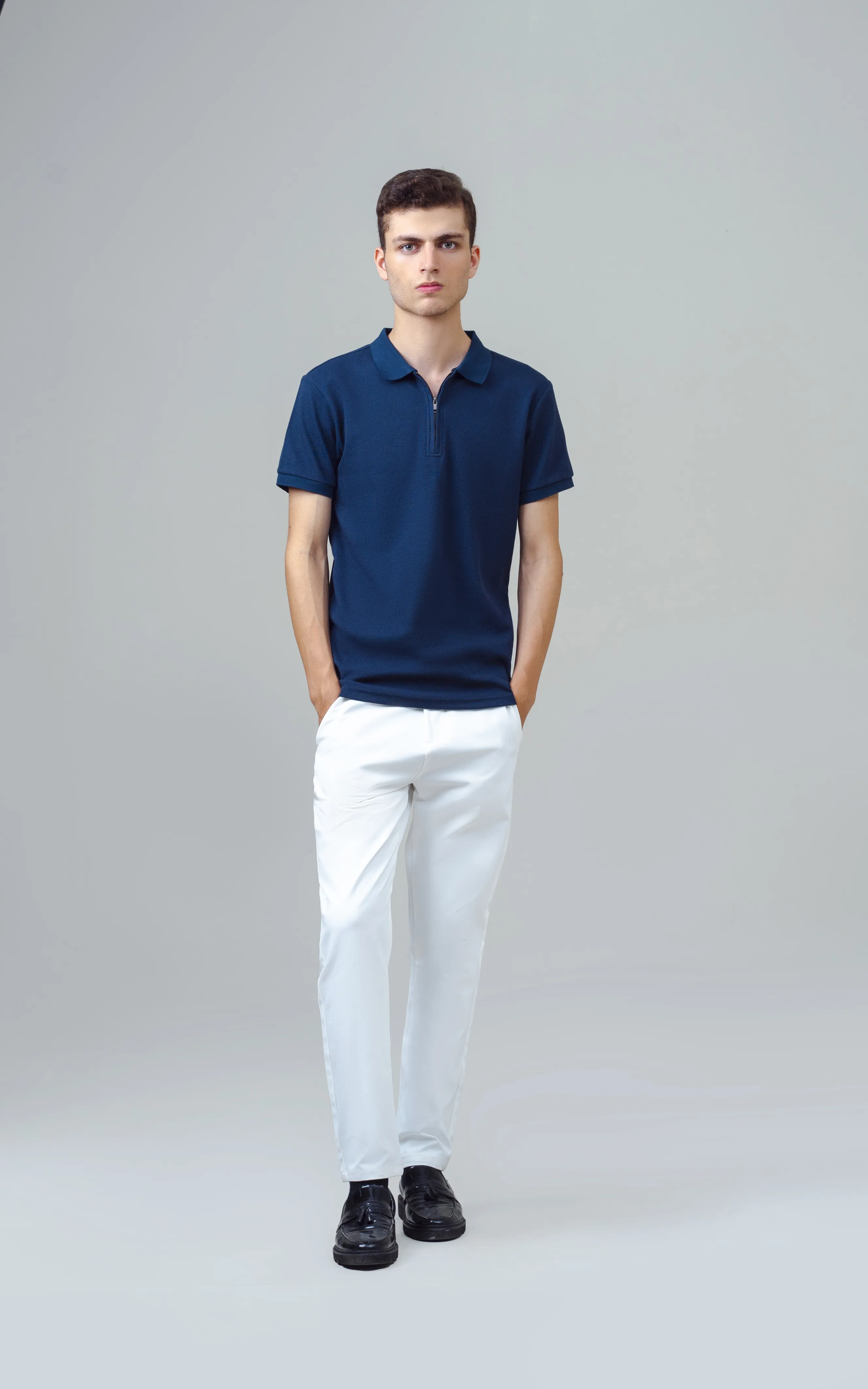 TEXTURED ZIPPER POLO NAVY