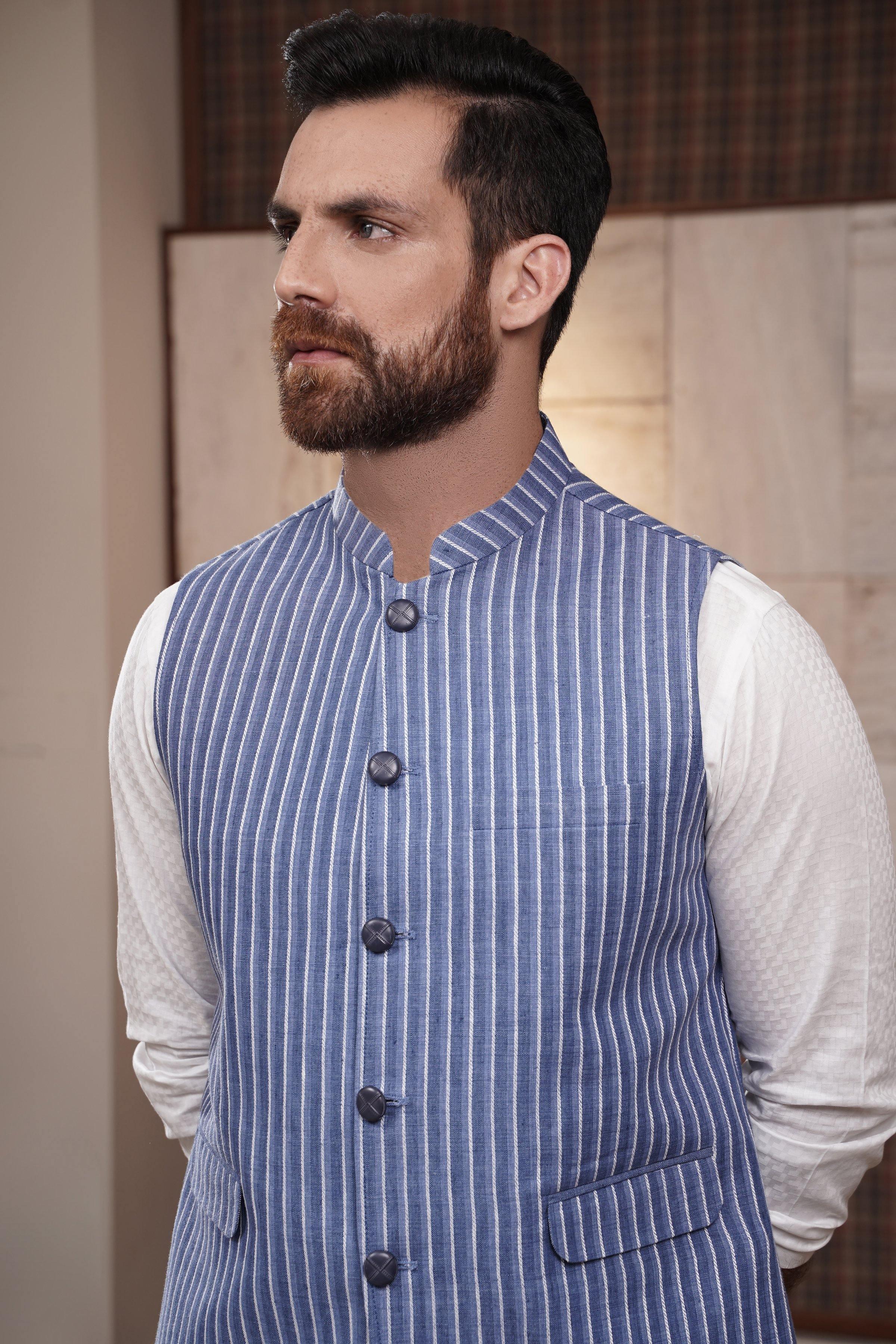 WAIST COAT BLUE WHITE LINE - Image 4