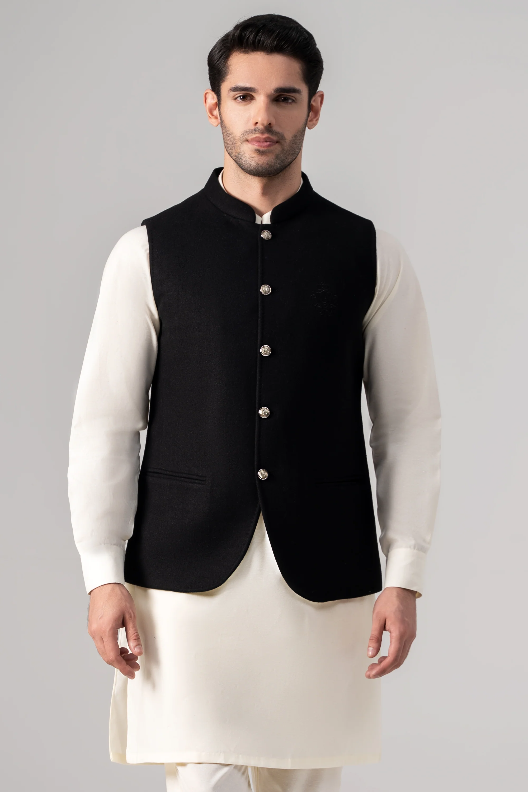 Embroidered Blended Woolen Waistcoat - SIGNATURE COLLECTION BLACK