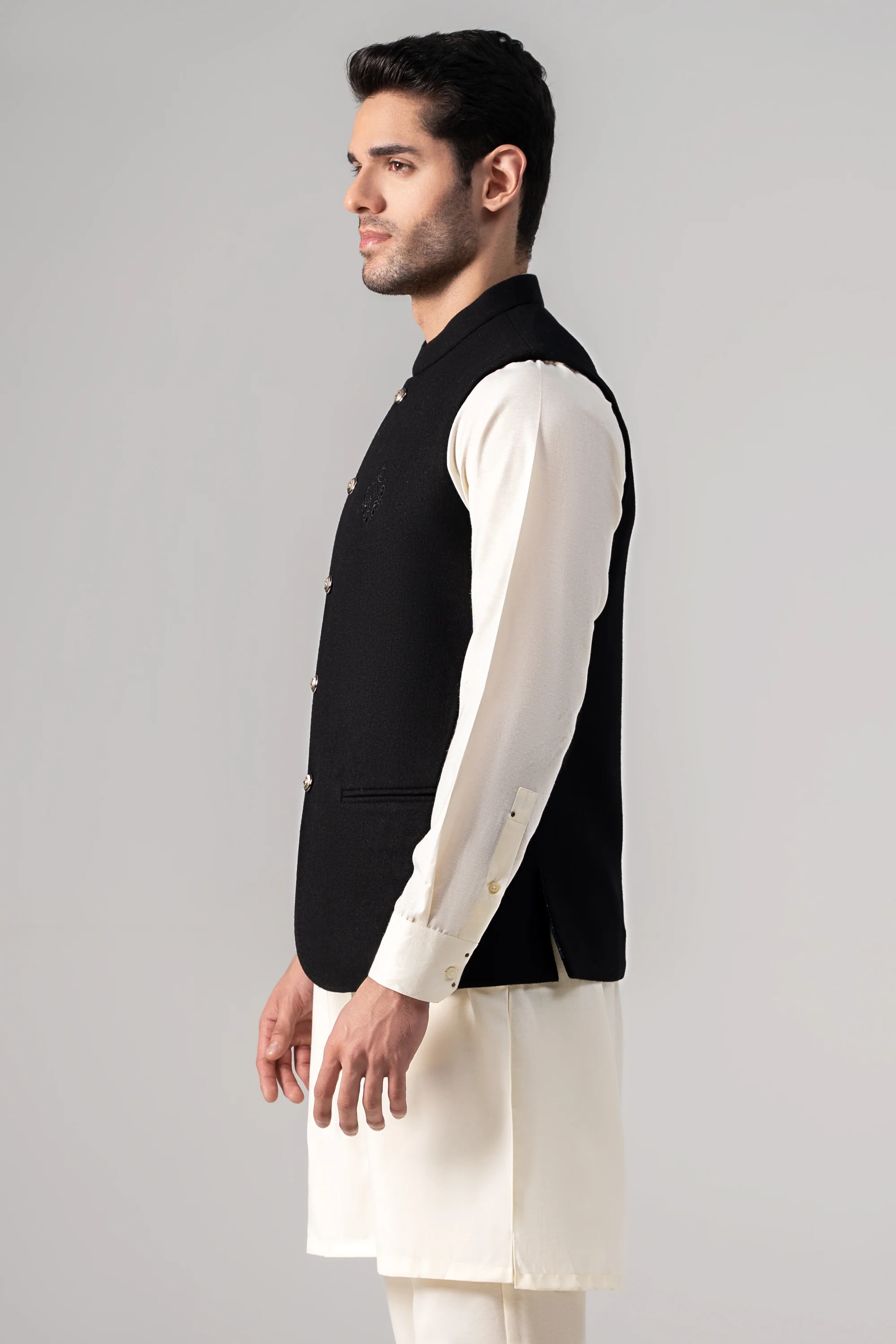 Embroidered Blended Woolen Waistcoat - SIGNATURE COLLECTION BLACK - Image 3