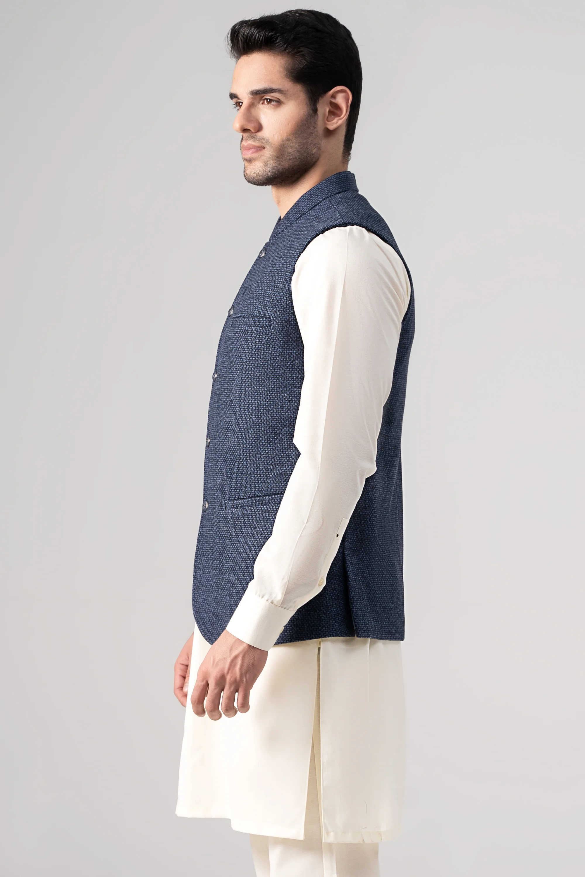 Textured Blended Woolen Waistcoat Blue Texture - Image 2