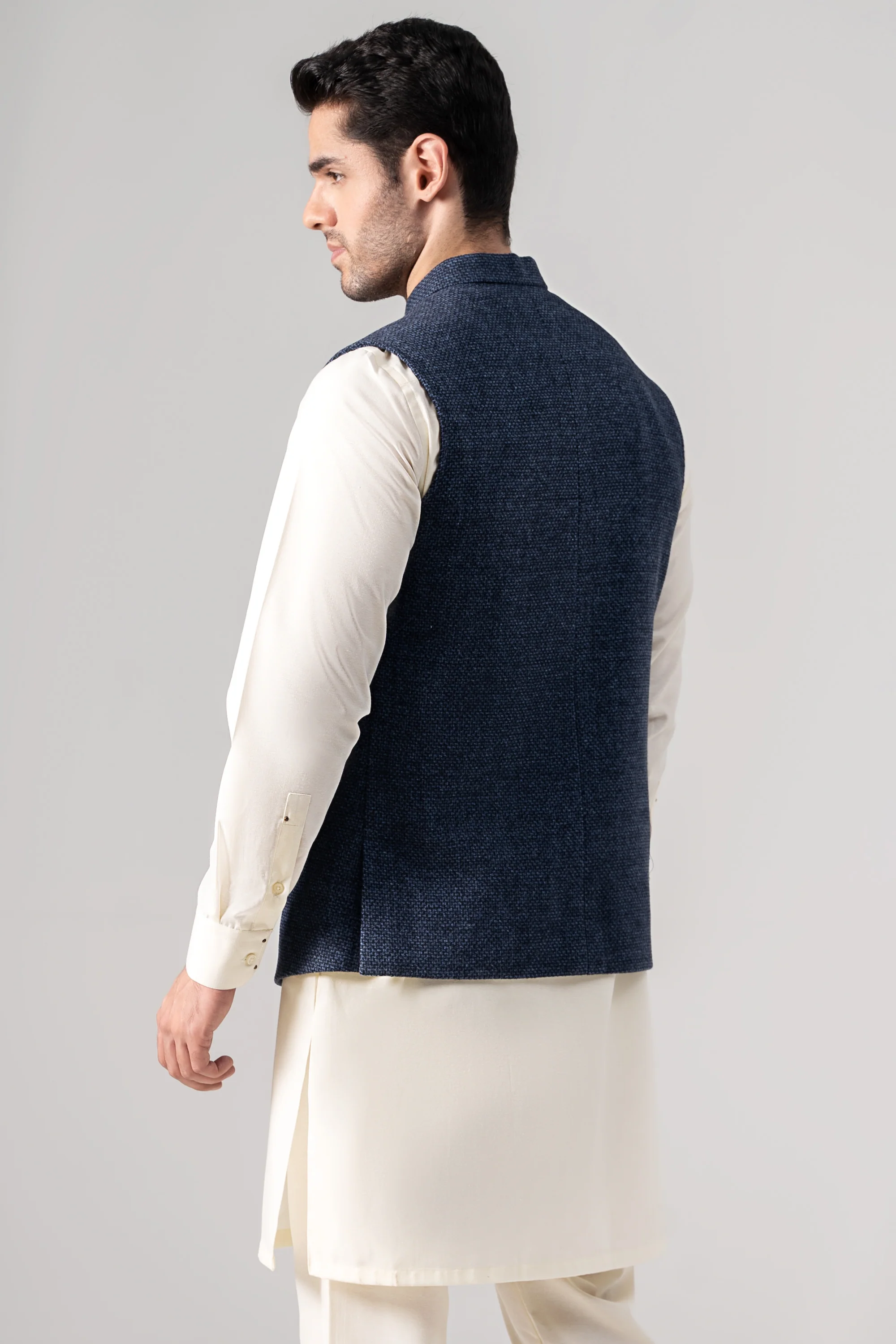 Textured Blended Woolen Waistcoat Blue Texture - Image 3