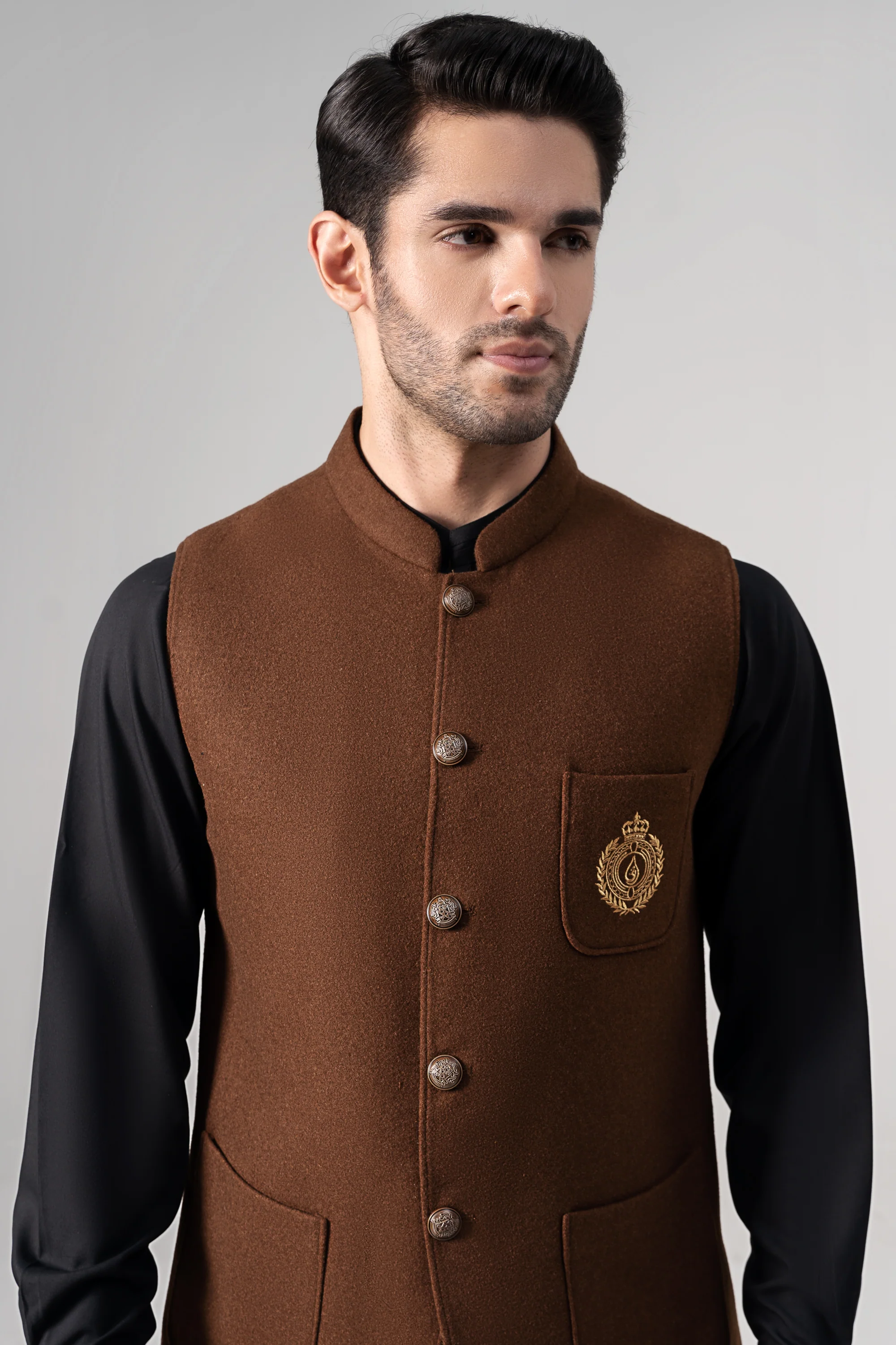 Embroidered Blended Woolen Waistcoat coffee - Image 2