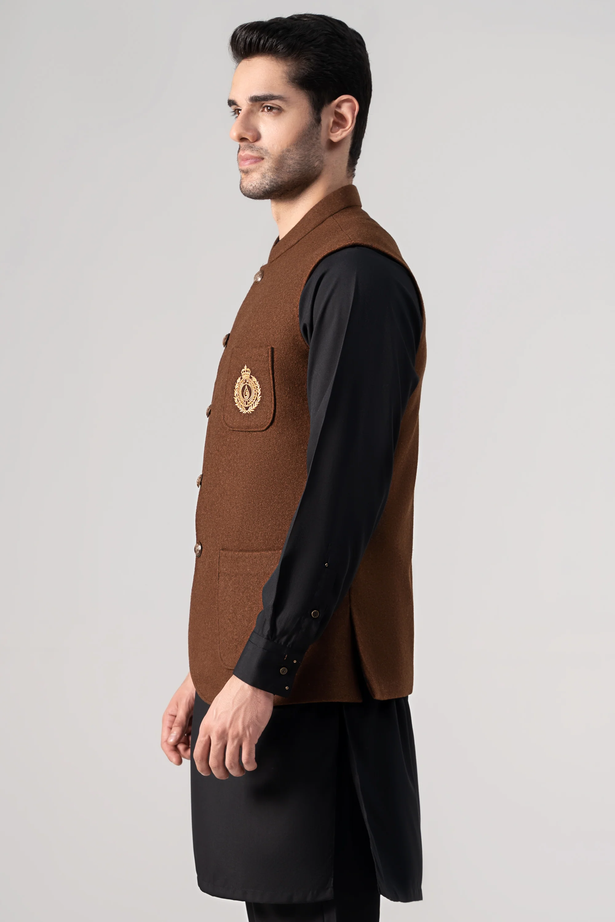 Embroidered Blended Woolen Waistcoat coffee - Image 3