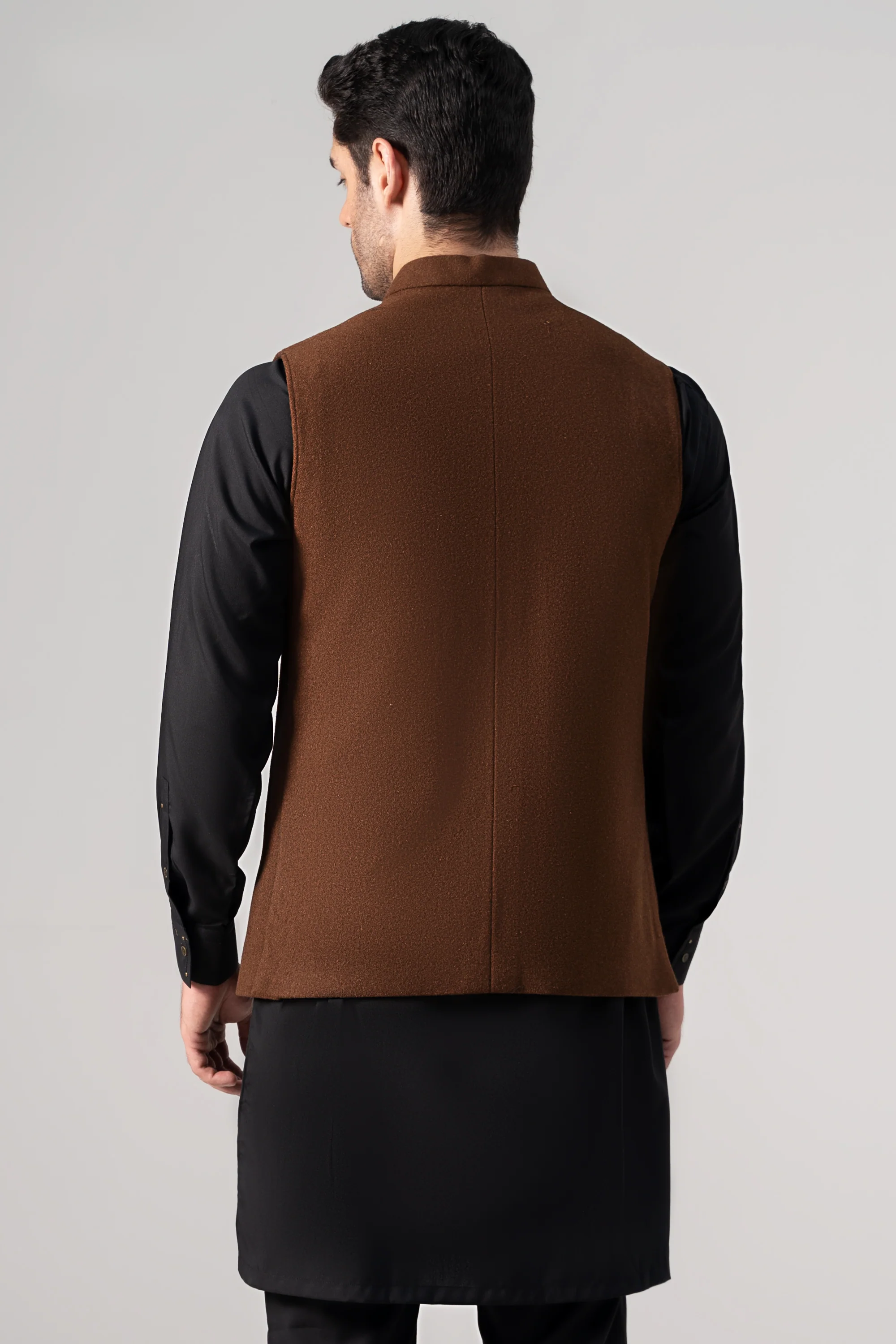 Embroidered Blended Woolen Waistcoat coffee - Image 4