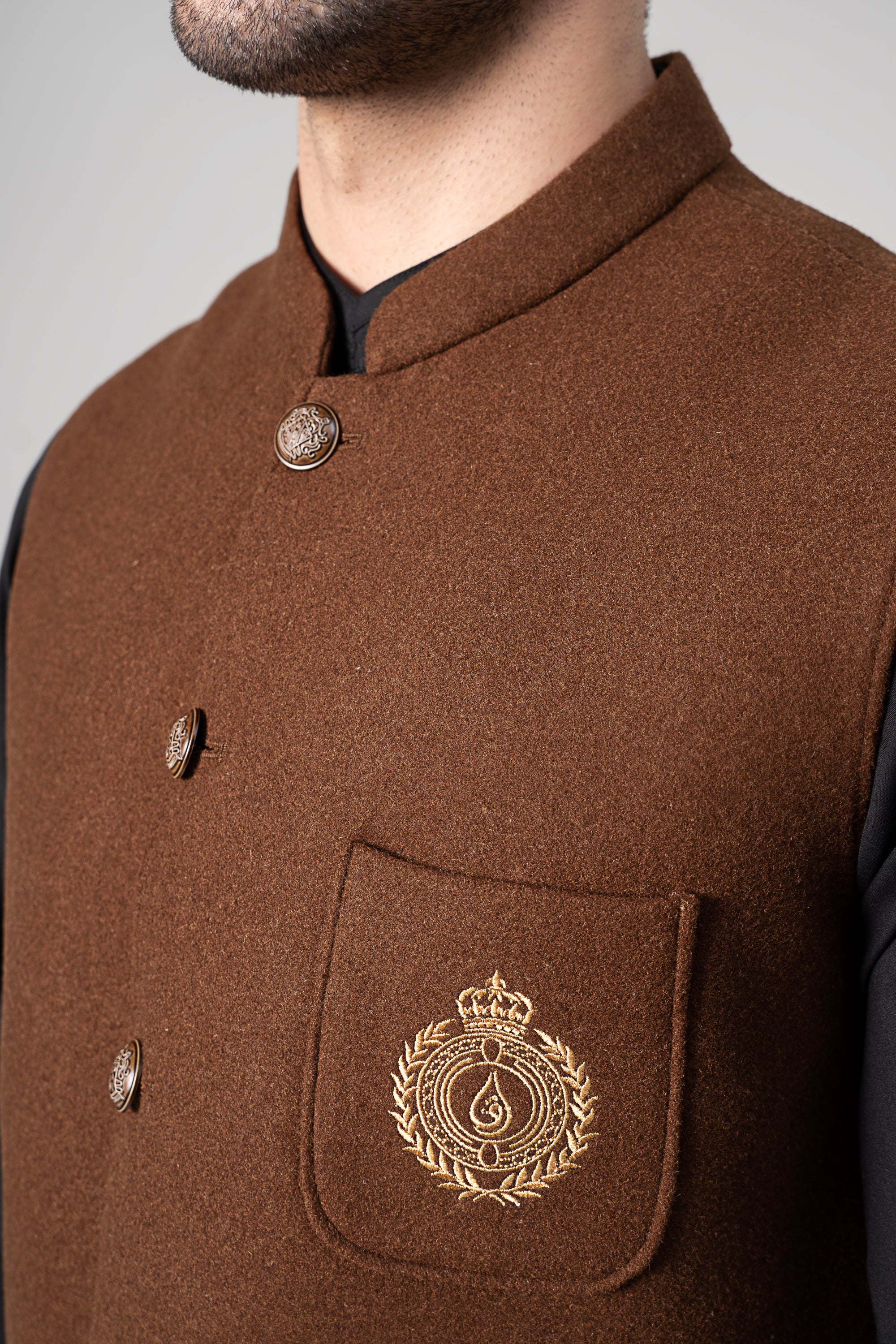Embroidered Blended Woolen Waistcoat coffee - Image 5
