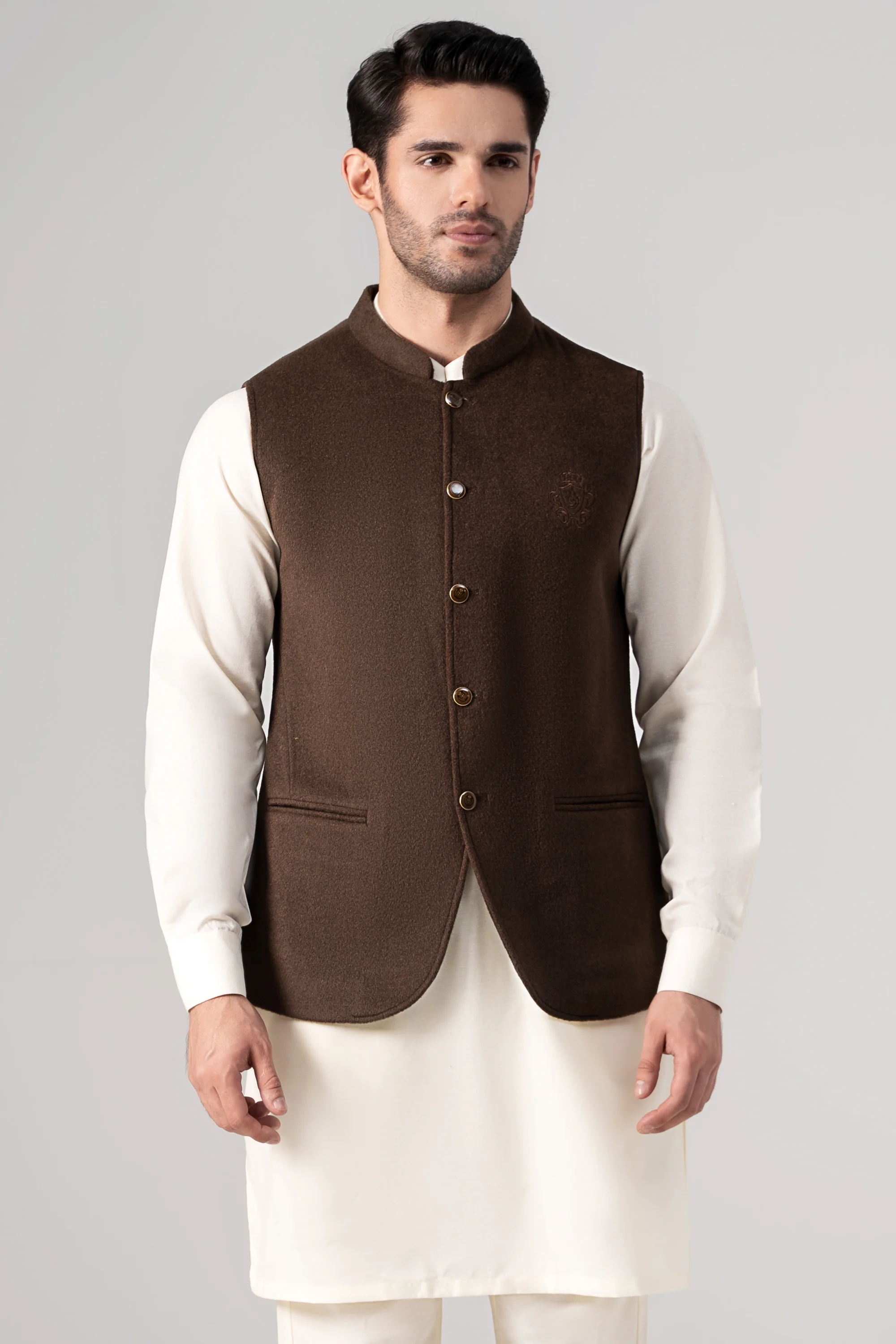 Embroidered Blended Woolen Waistcoat - SIGNATURE COLLECTION DARK BROWN