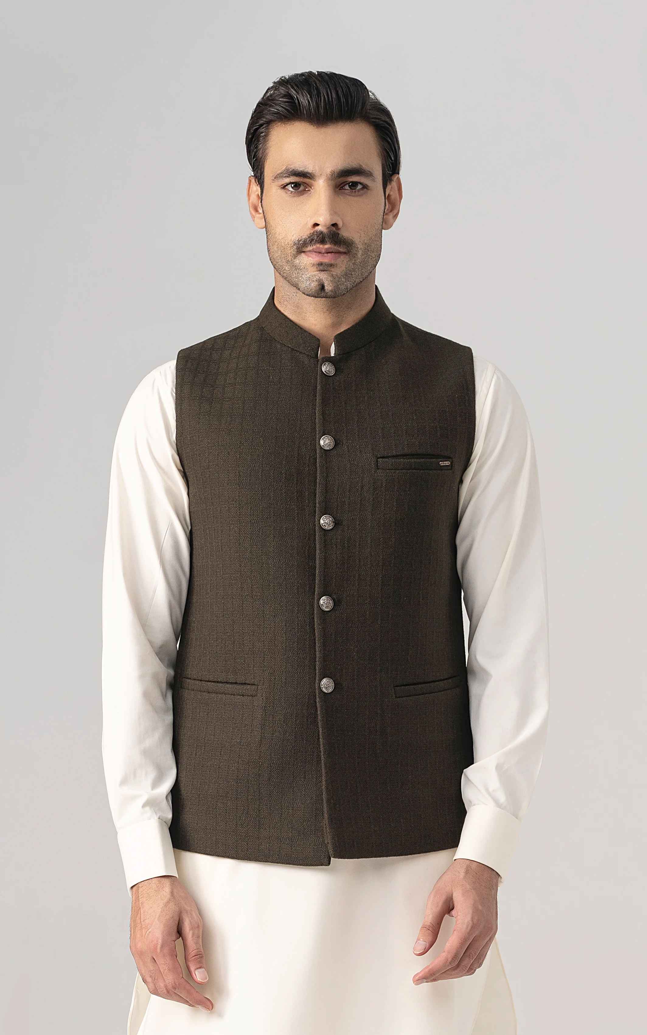 TEXTURED WOOL BLENDED WAISTCOAT - SIGNATURE COLLECTION DARK OLIVE