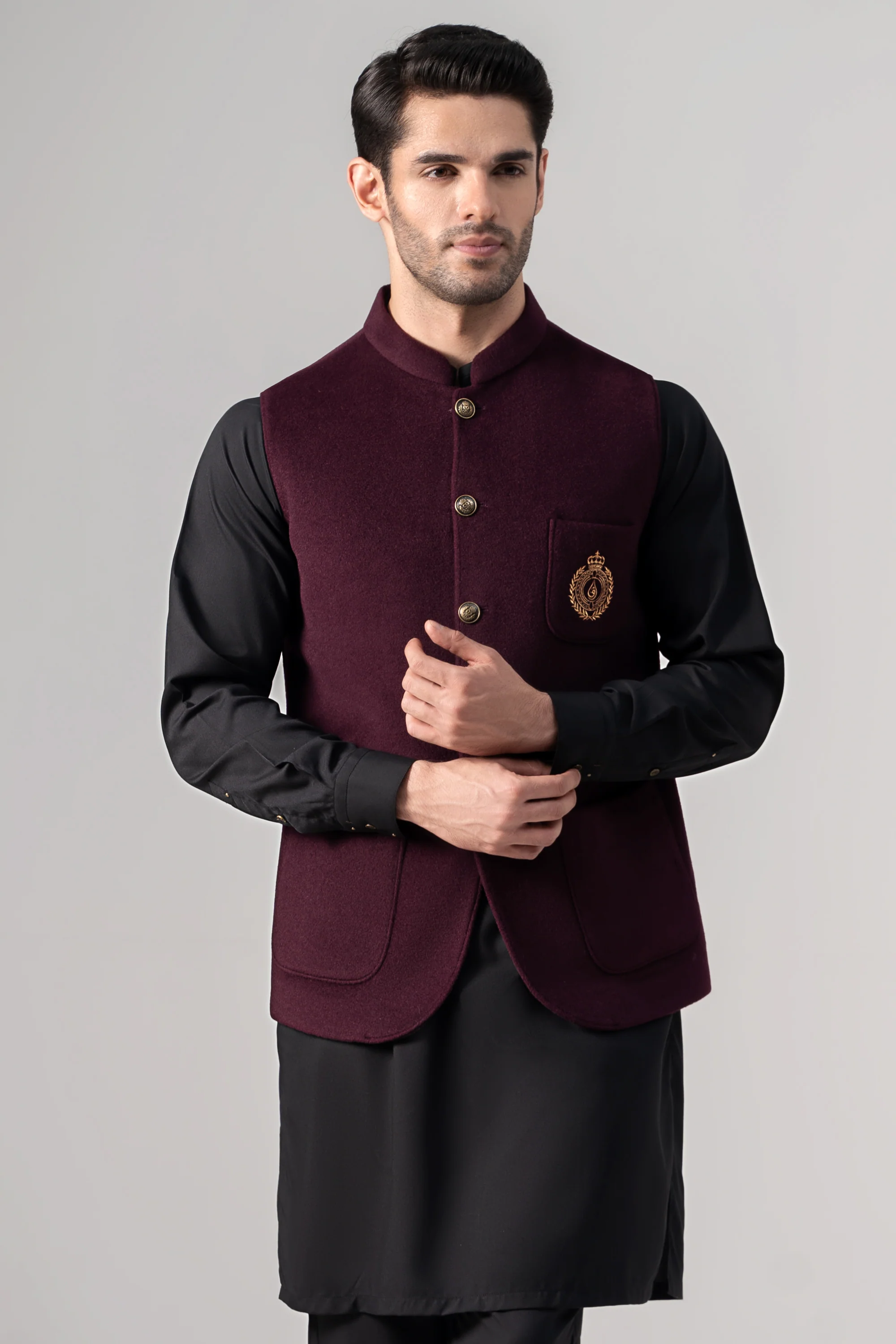 Embroidered Blended Woolen Waistcoat plum