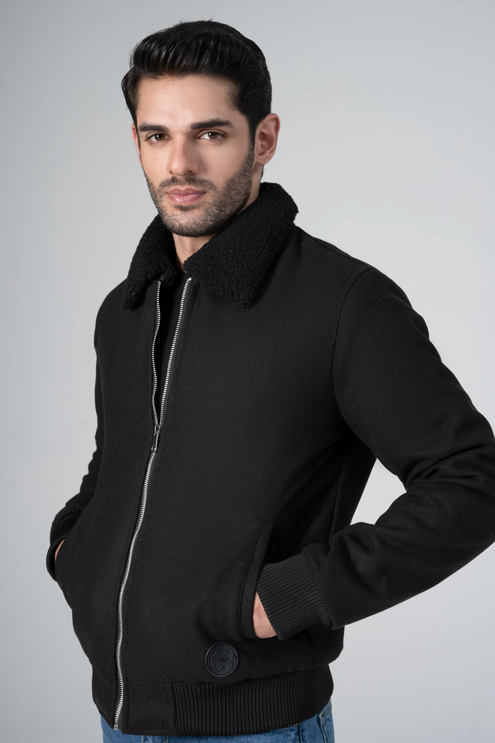 WOOLEN DETACHABLE FUR COLLAR JACKET BLACK - Image 2