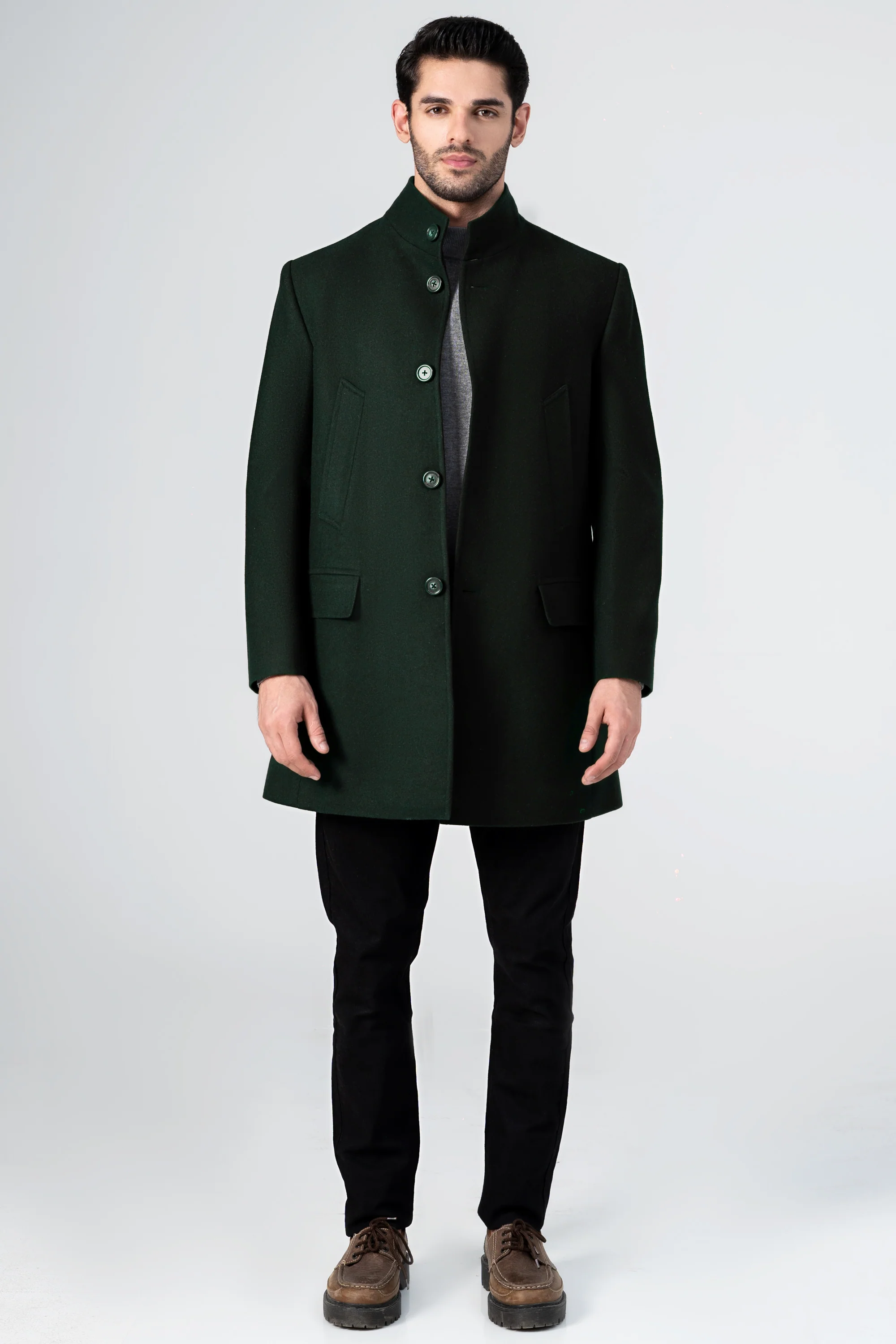 WOOLEN LONG COAT DARK GREEN