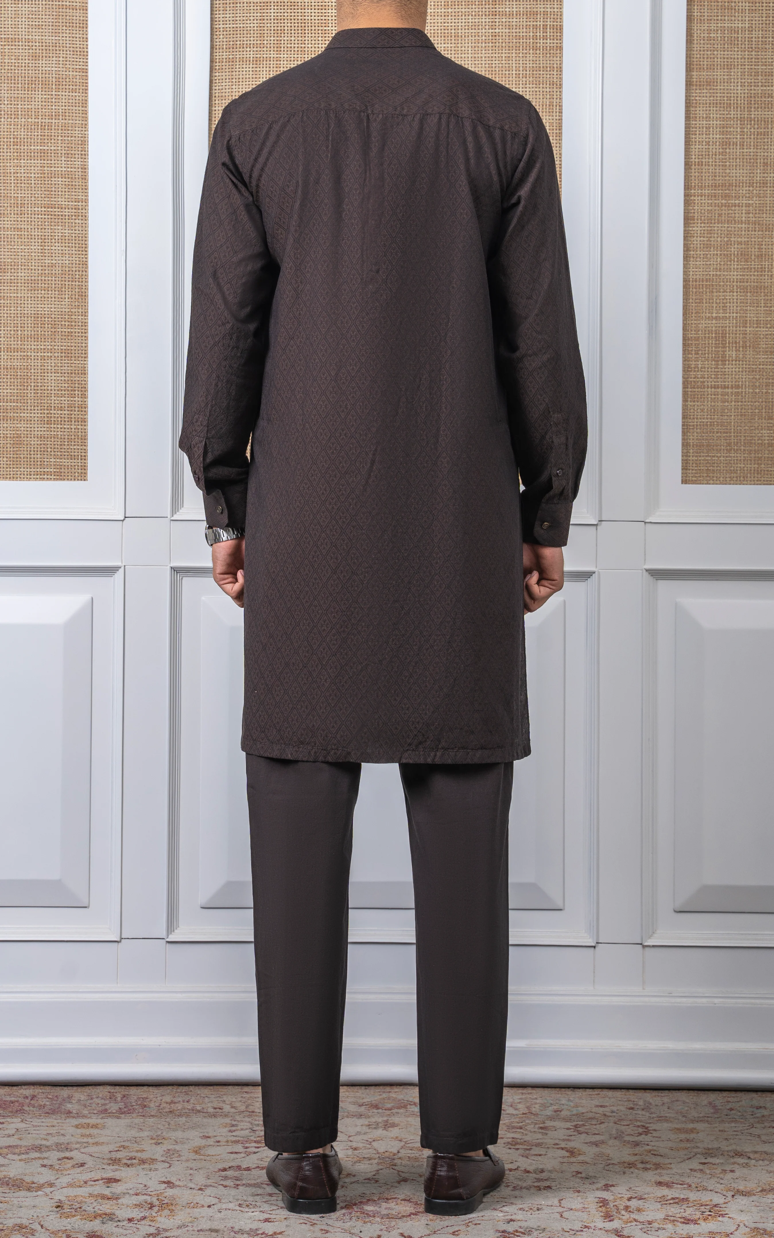 YARN DYED JACQUARD KURTA PAJAMA - SIGNATURE COLLECTION DARK BROWN - Image 3