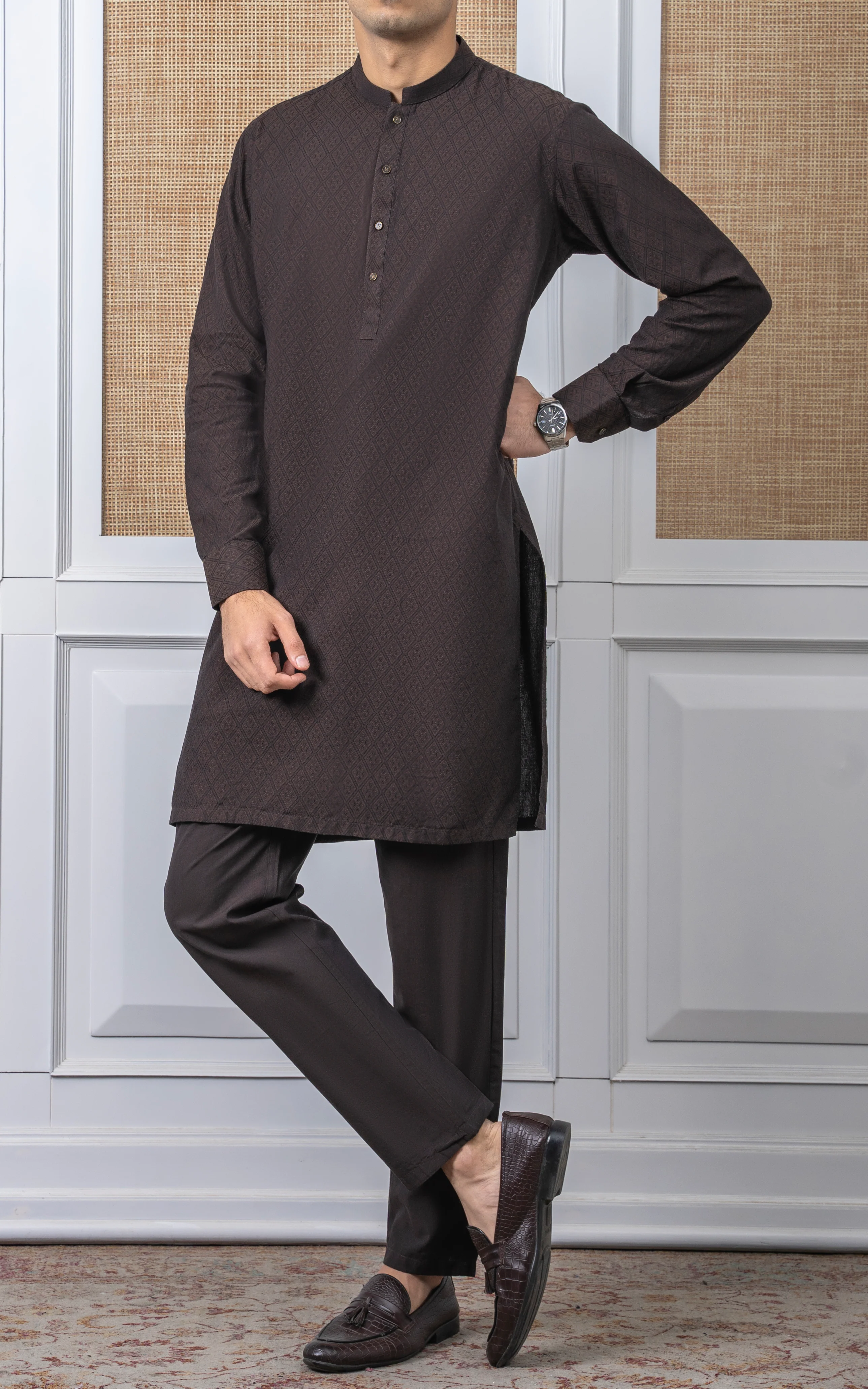 YARN DYED JACQUARD KURTA PAJAMA - SIGNATURE COLLECTION DARK BROWN - Image 5