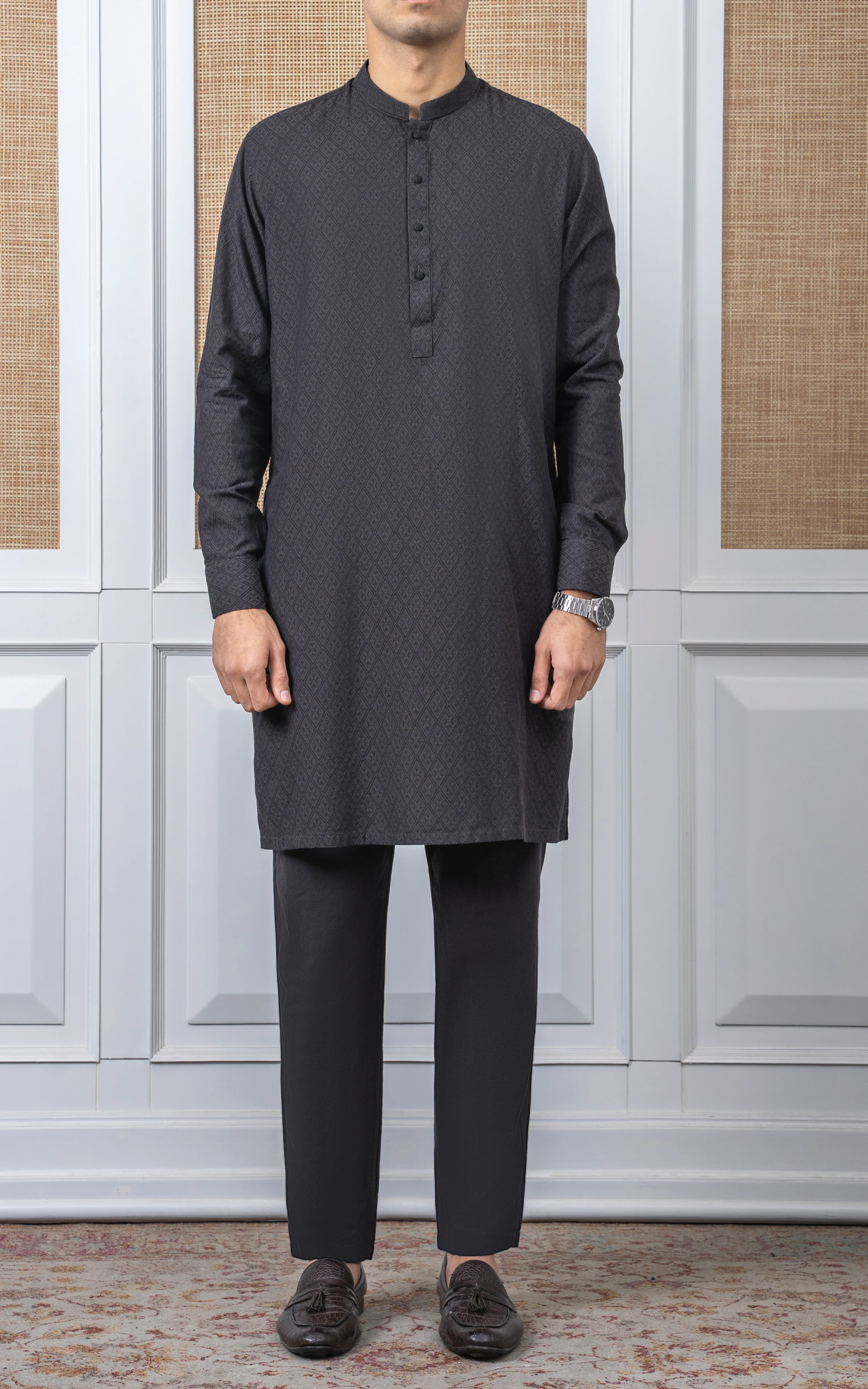 YARN DYED JACQUARD KURTA PAJAMA - SIGNATURE COLLECTION DARK GREY - Image 3
