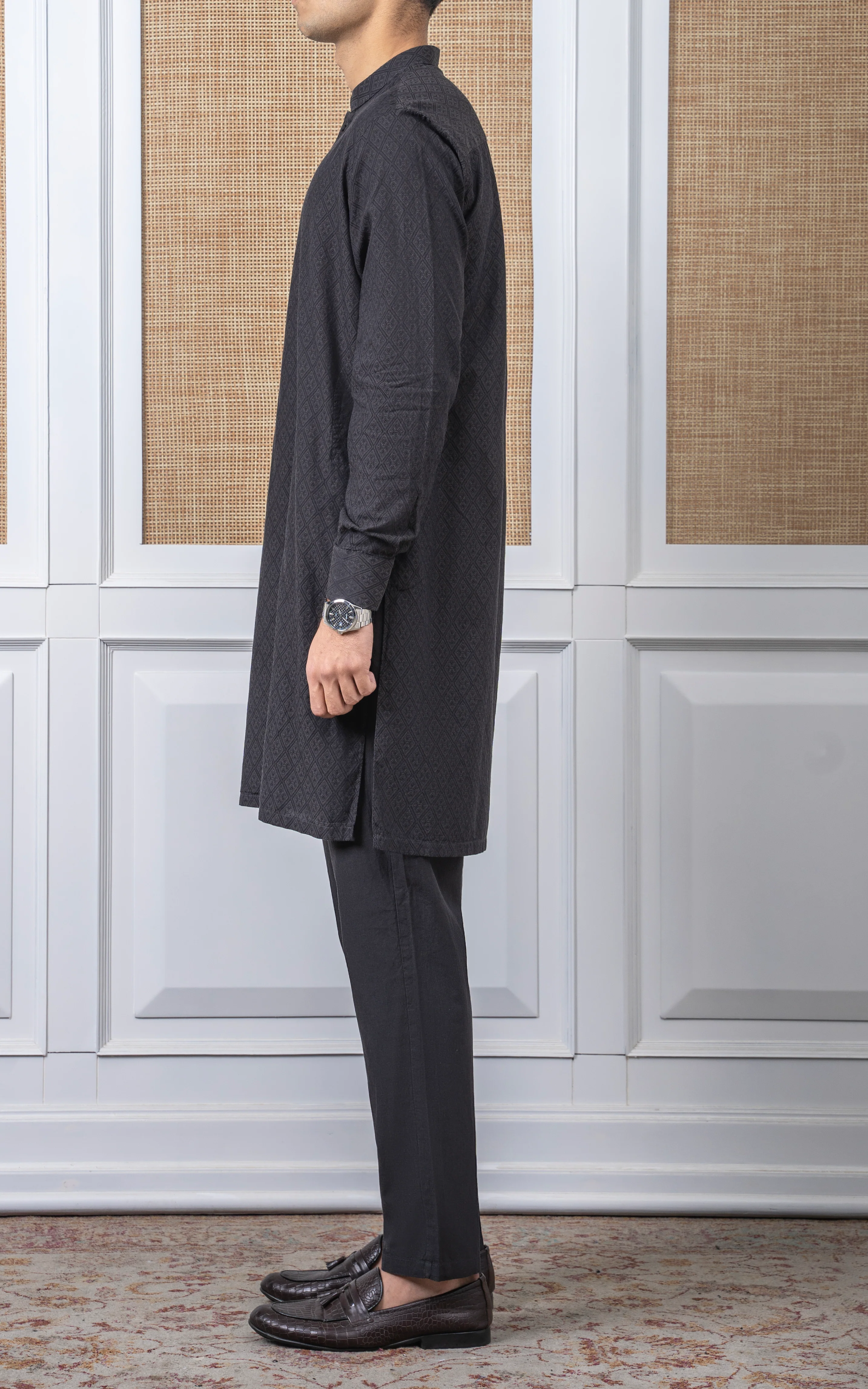 YARN DYED JACQUARD KURTA PAJAMA - SIGNATURE COLLECTION DARK GREY - Image 4