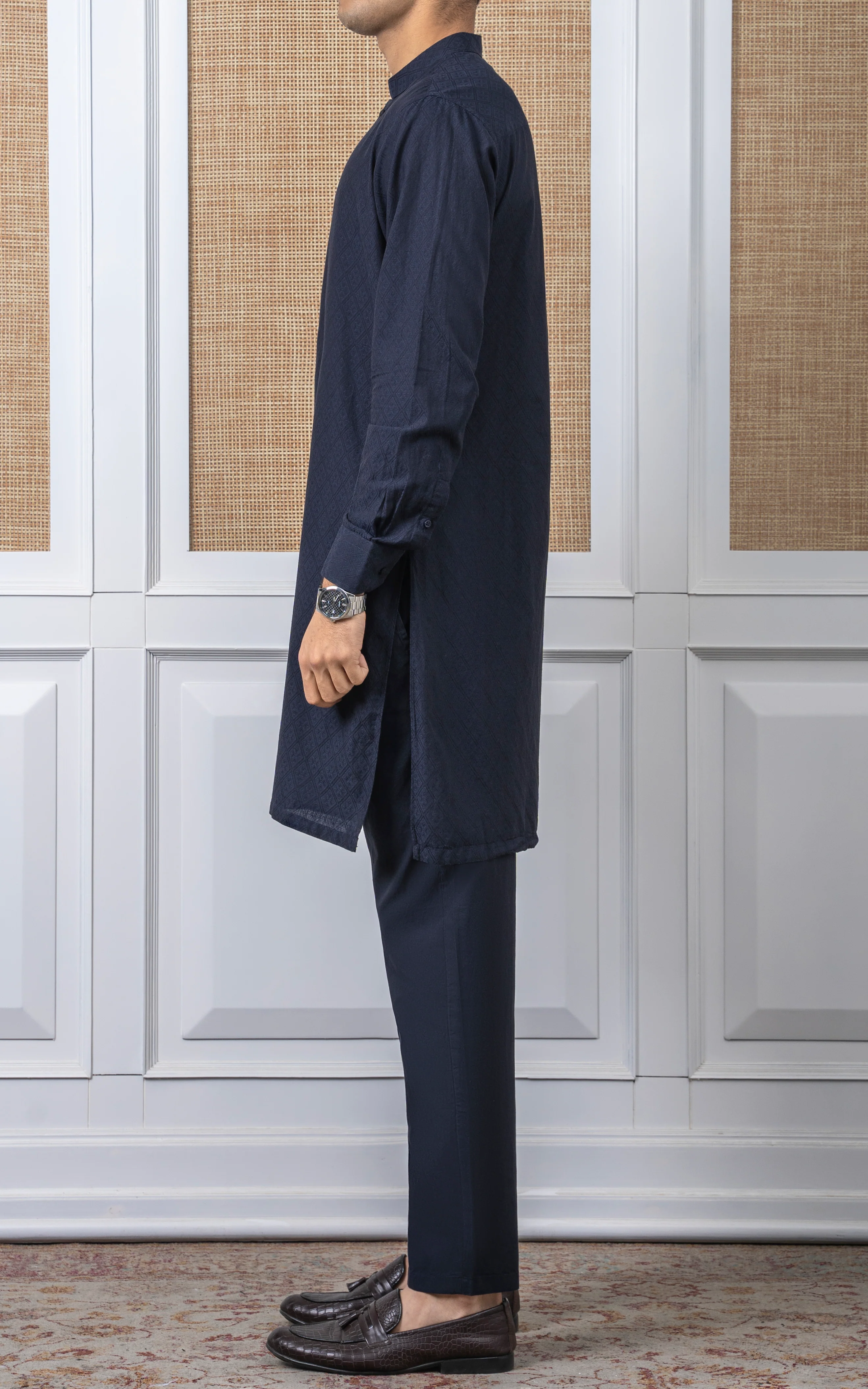 YARN DYED JACQUARD KURTA PAJAMA - SIGNATURE COLLECTION NAVY - Image 3