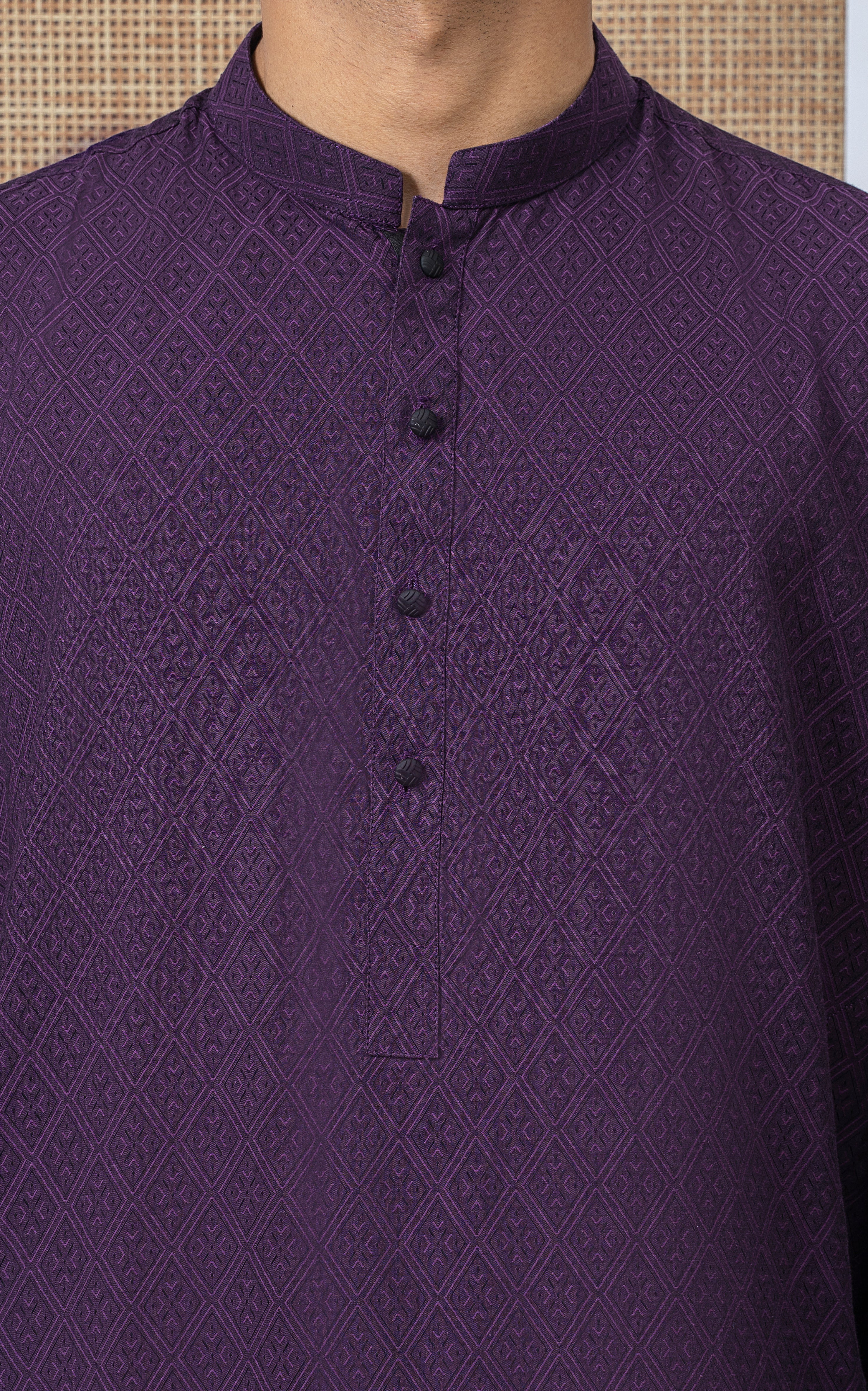 YARN DYED JACQUARD KURTA - PREMIUM COLLECTION MAGENTA - Image 3