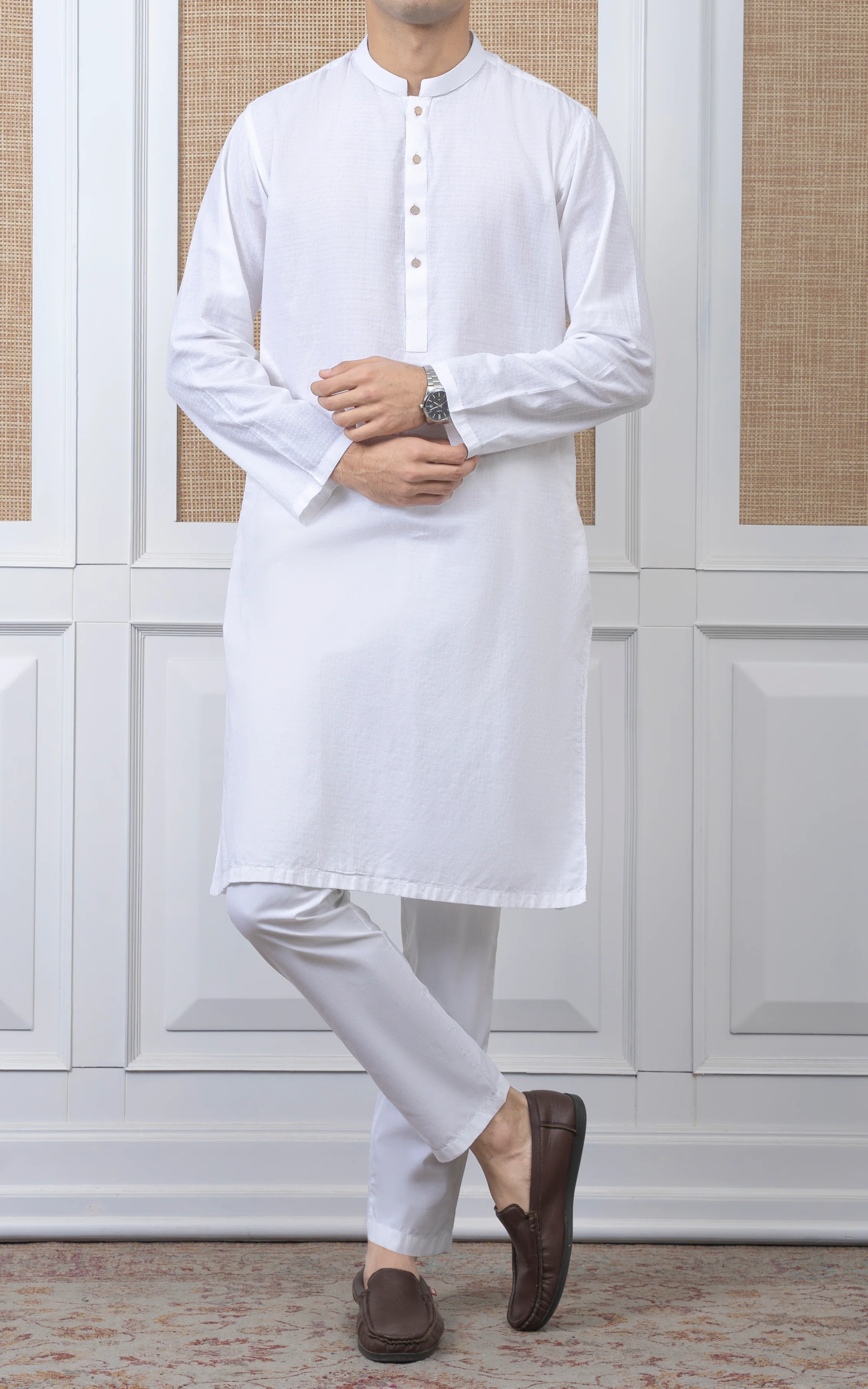 YARN DYED JACQUARD KURTA - PREMIUM COLLECTION WHITE - Image 3