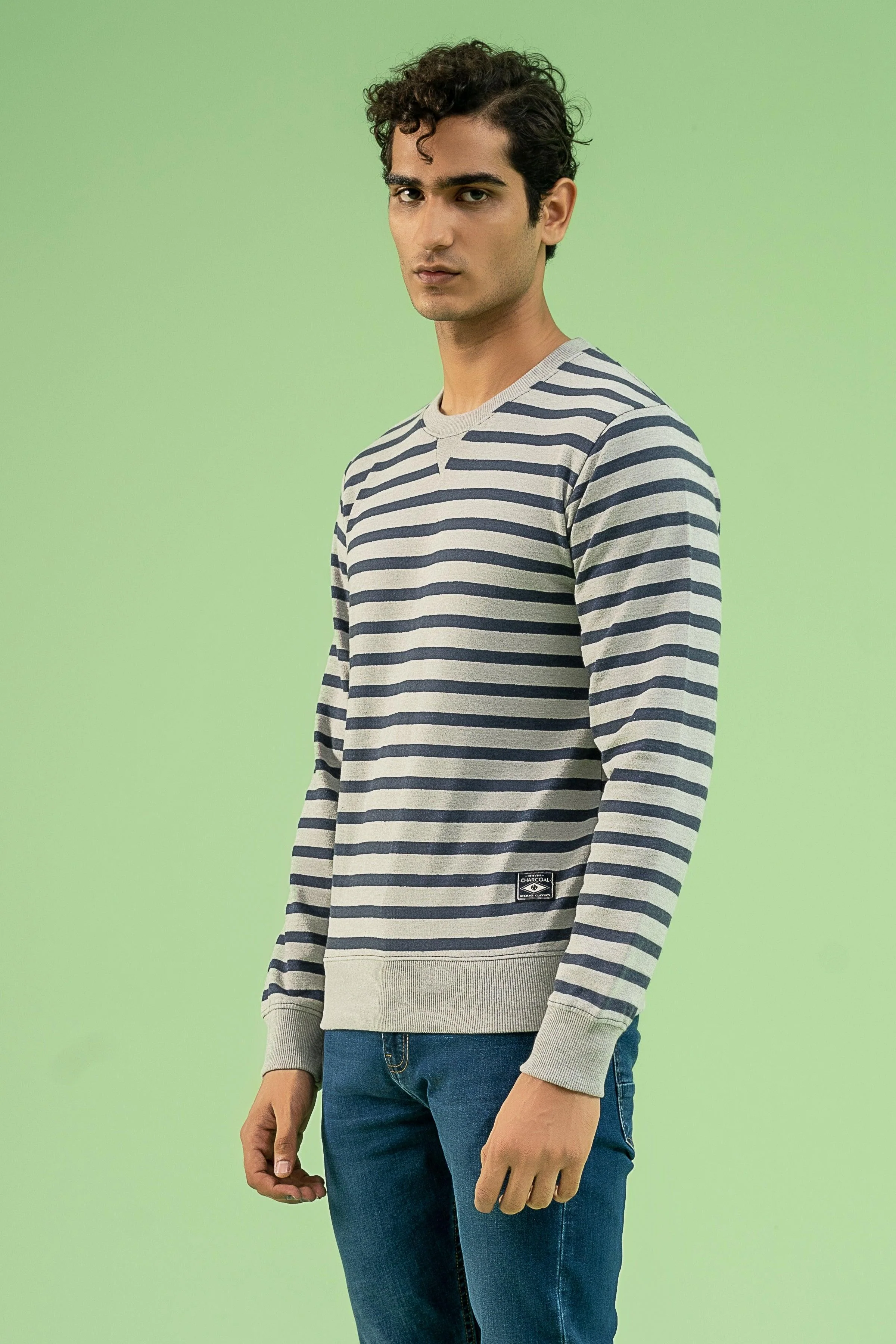 YARN DYED TERRY SWEAT SHIRT GREY NAVY - Image 2